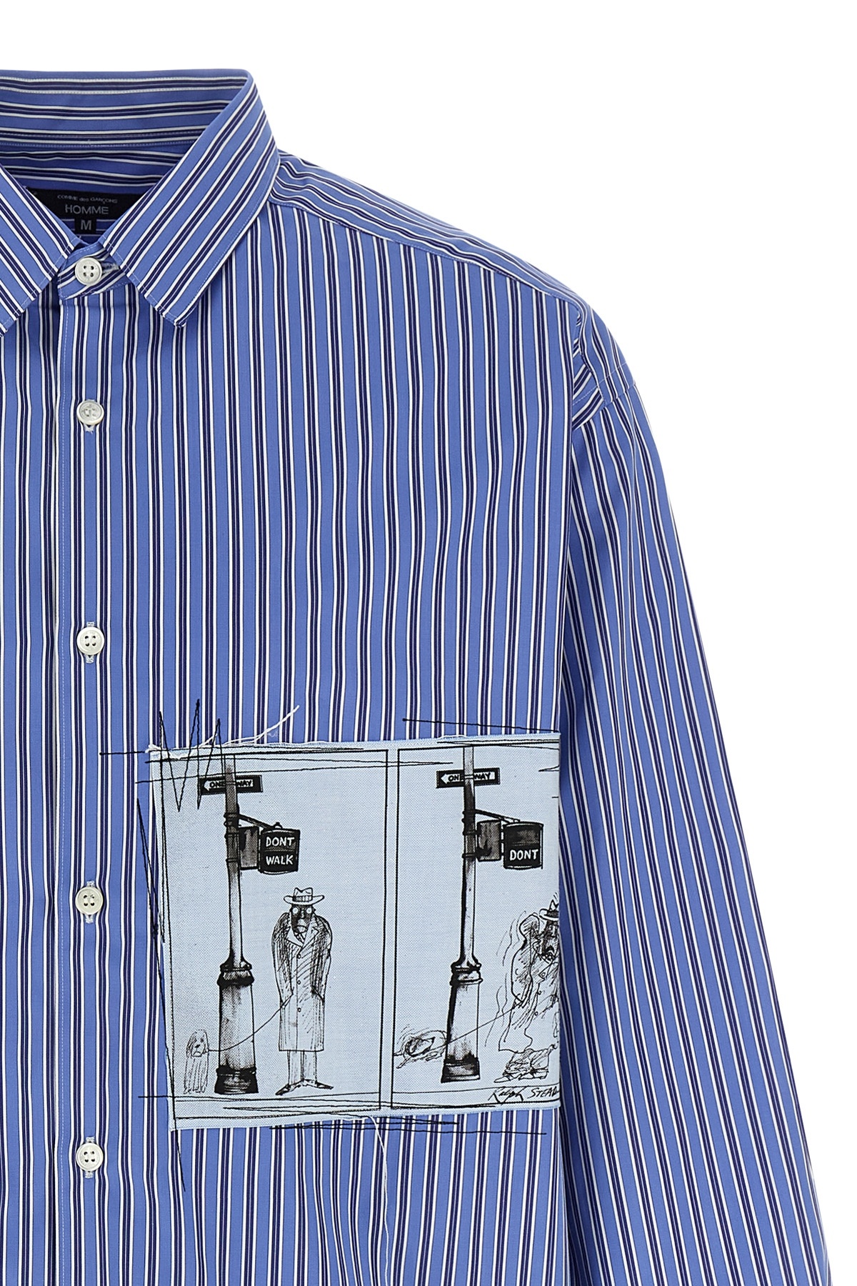 Comme Des Garçons Patch Striped Cotton Poplin Shirt With Unique Embroidery In Blue