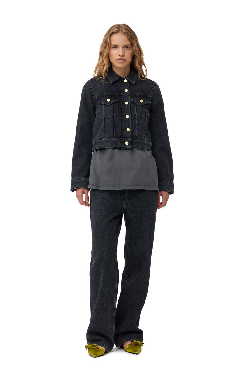 GANNI WASHED BLACK HEAVY CROPPED DENIM JACKET 