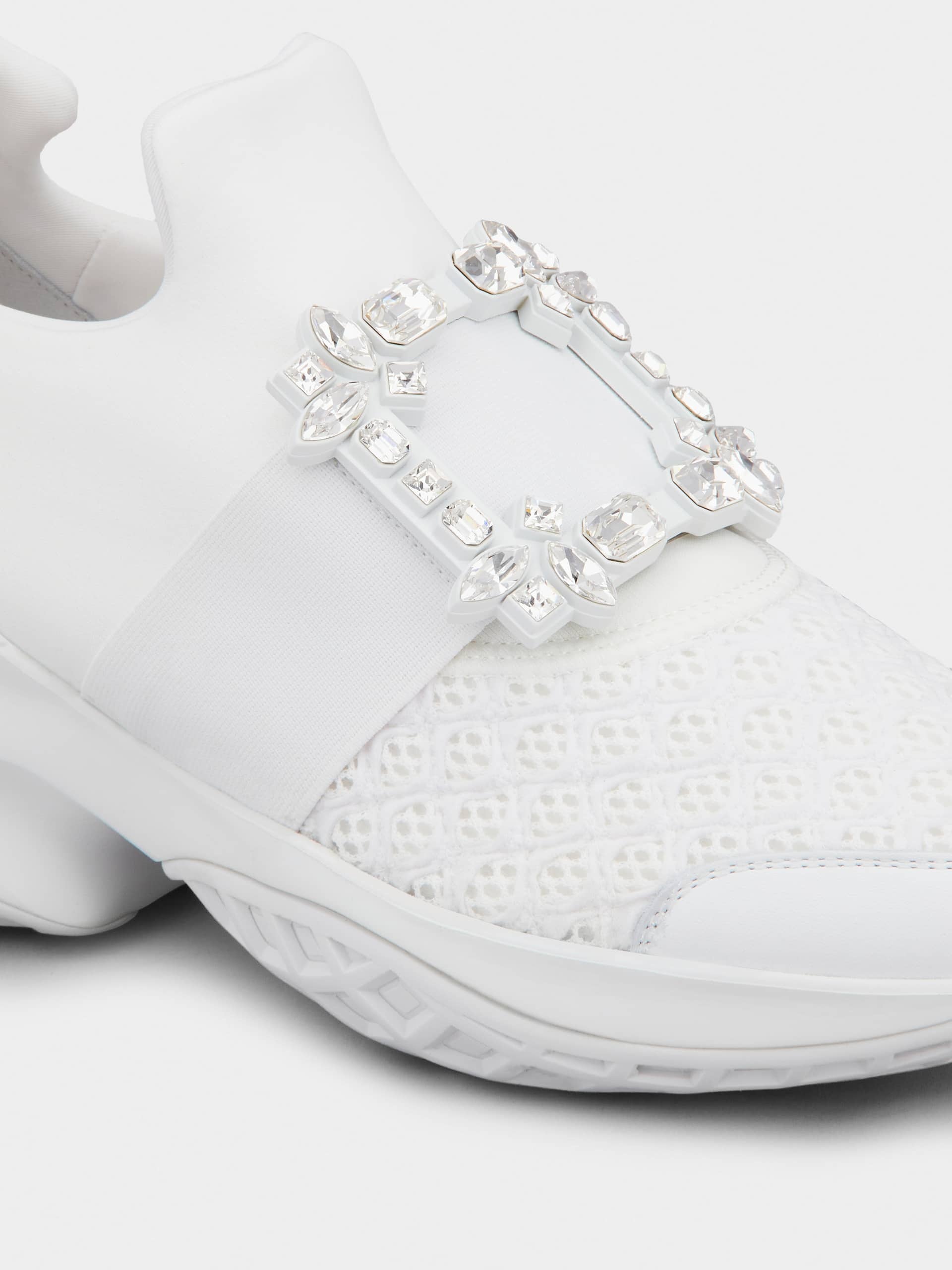 Roger Vivier Viv' Run White Trainers In Technical Fabric With Rhinestone Buckle In Bianco