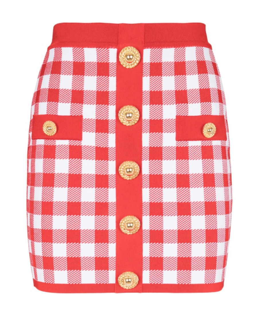 Balmain Vichy Buttoned Mini Skirt In Red