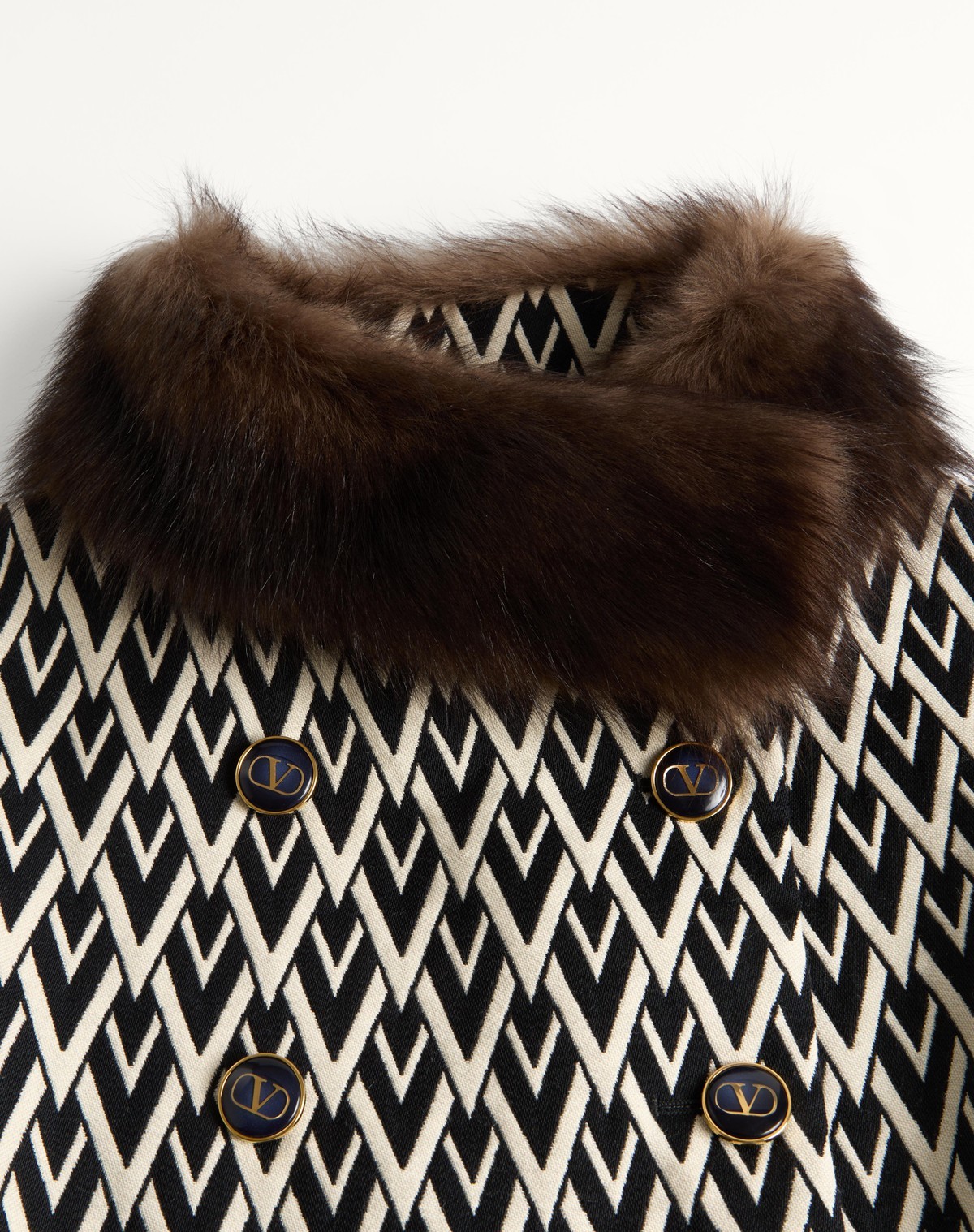 Valentino Wool Faux-fur-trim Coat In Black/cream