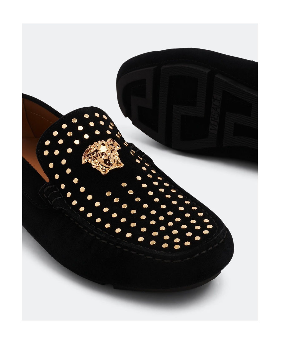 Versace La Medusa Studded Suede Loafer In Black
