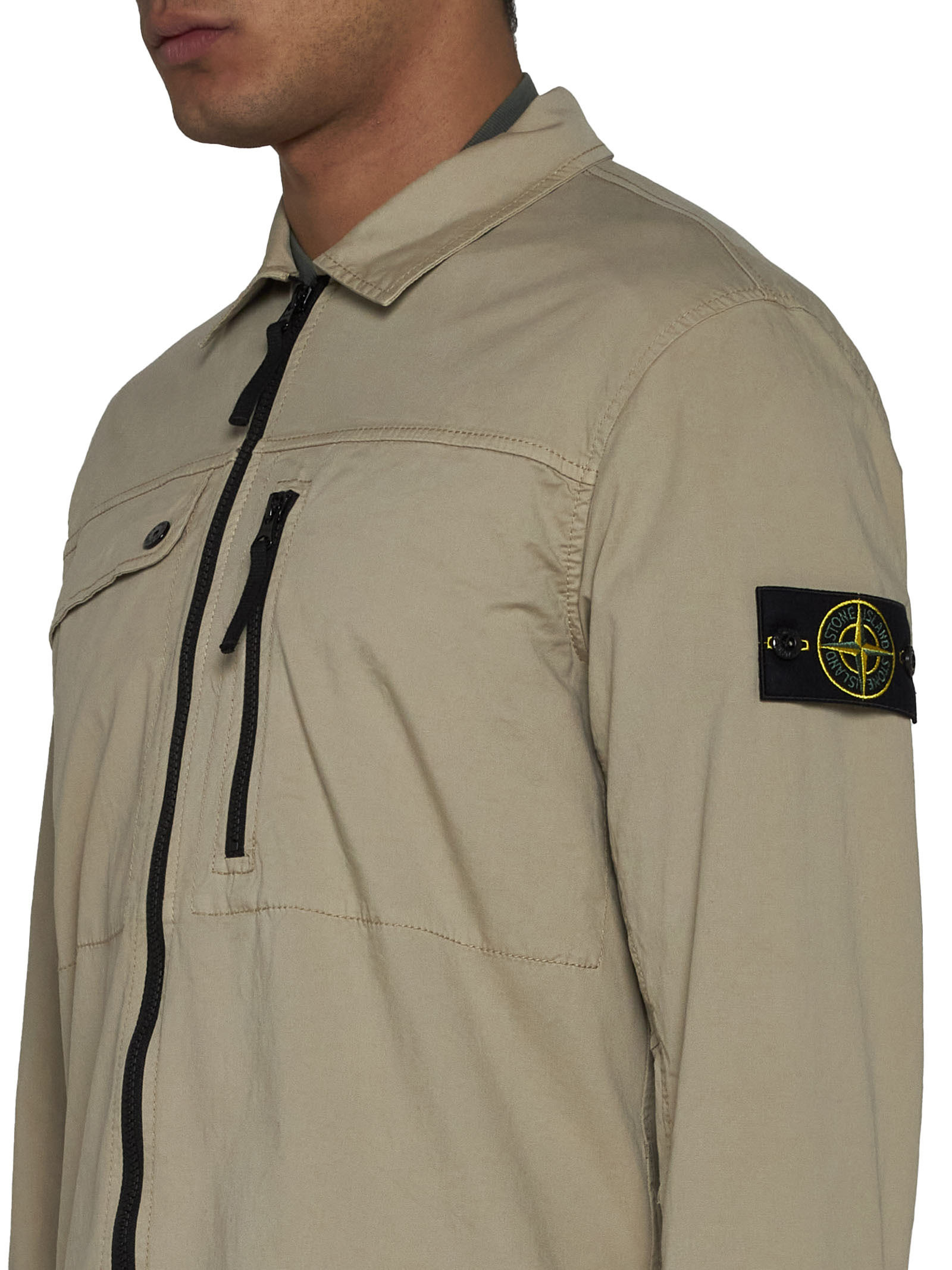 Stone Island Compass-badge Zip-up Shirt Jacket In Nude