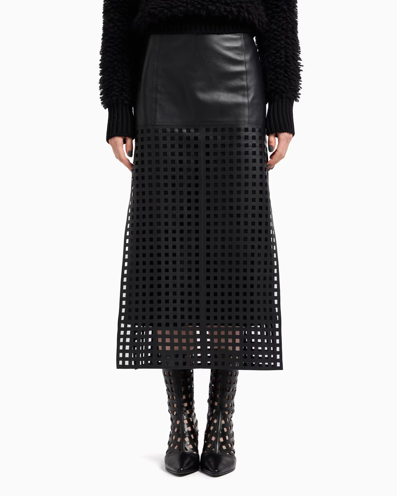 Emporio Armani Polygon Capsule Collection Midi Skirt In Vegetable-tanned Nappa Leather With Laser-cut Perforations In Black
