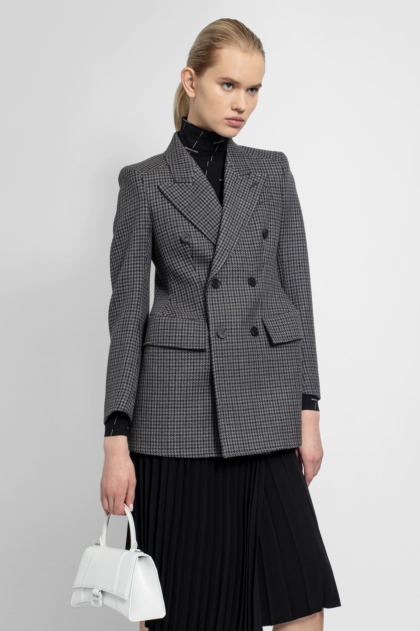 Balenciaga Hourglass Double-breasted Prince Of Wales Checked Wool Coat In Black