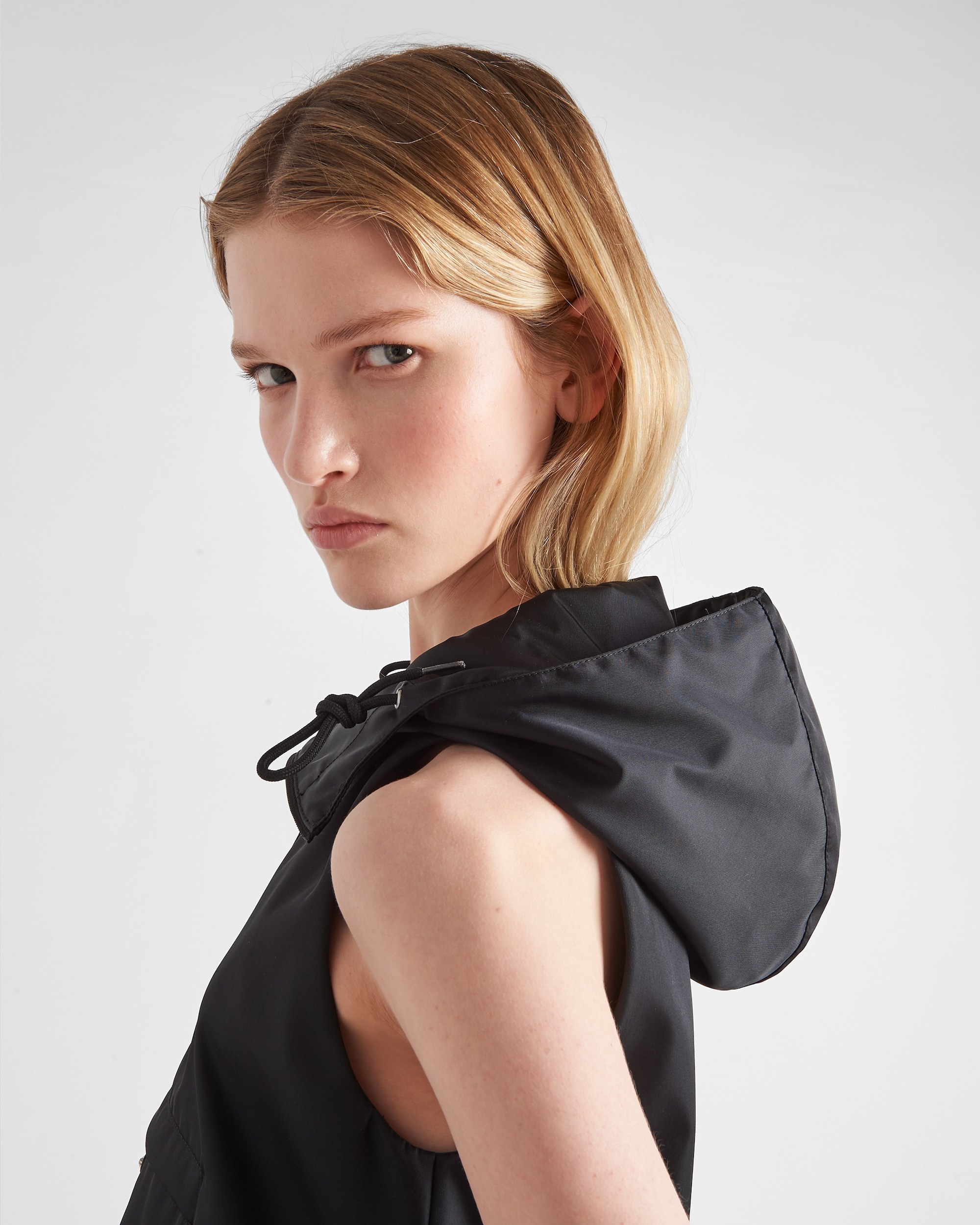 Prada Triangle Logo Hooded Minidress In Black
