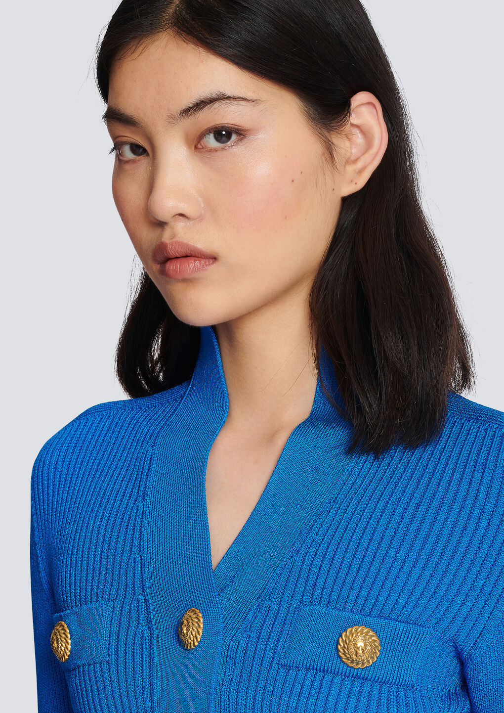 Balmain Embossed-button Ribbed Cardigan In Blue