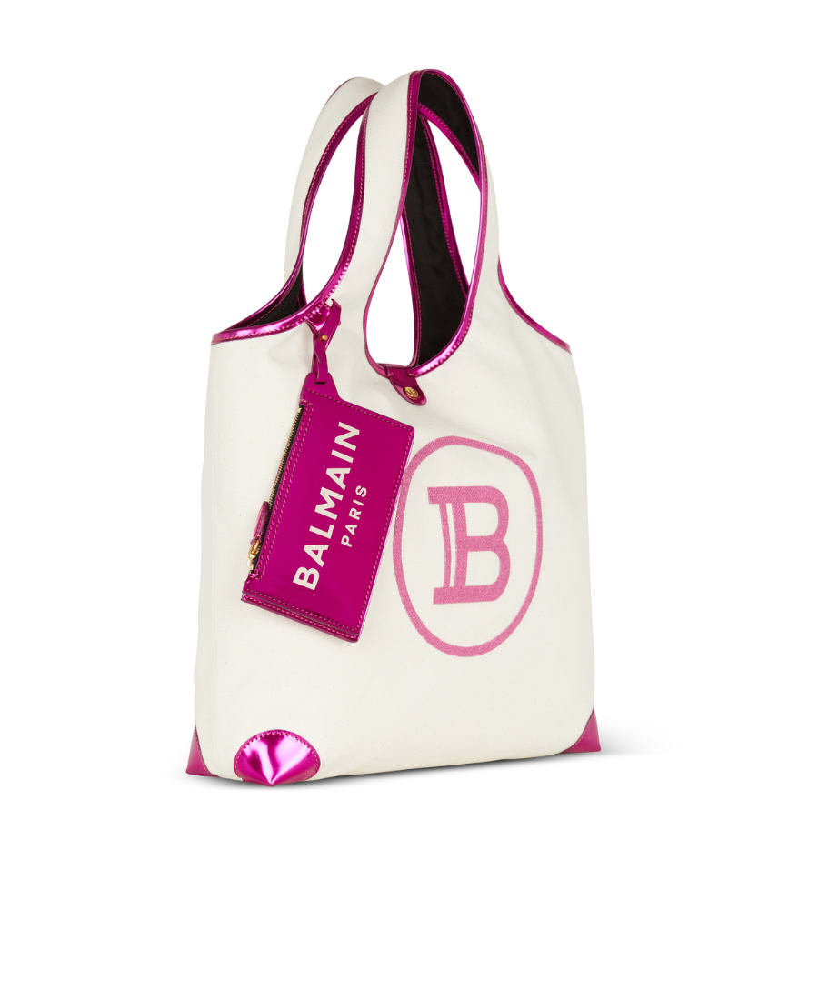 BALMAIN MIRROR-EFFECT LEATHER AND CANVAS GROCERY BAG
