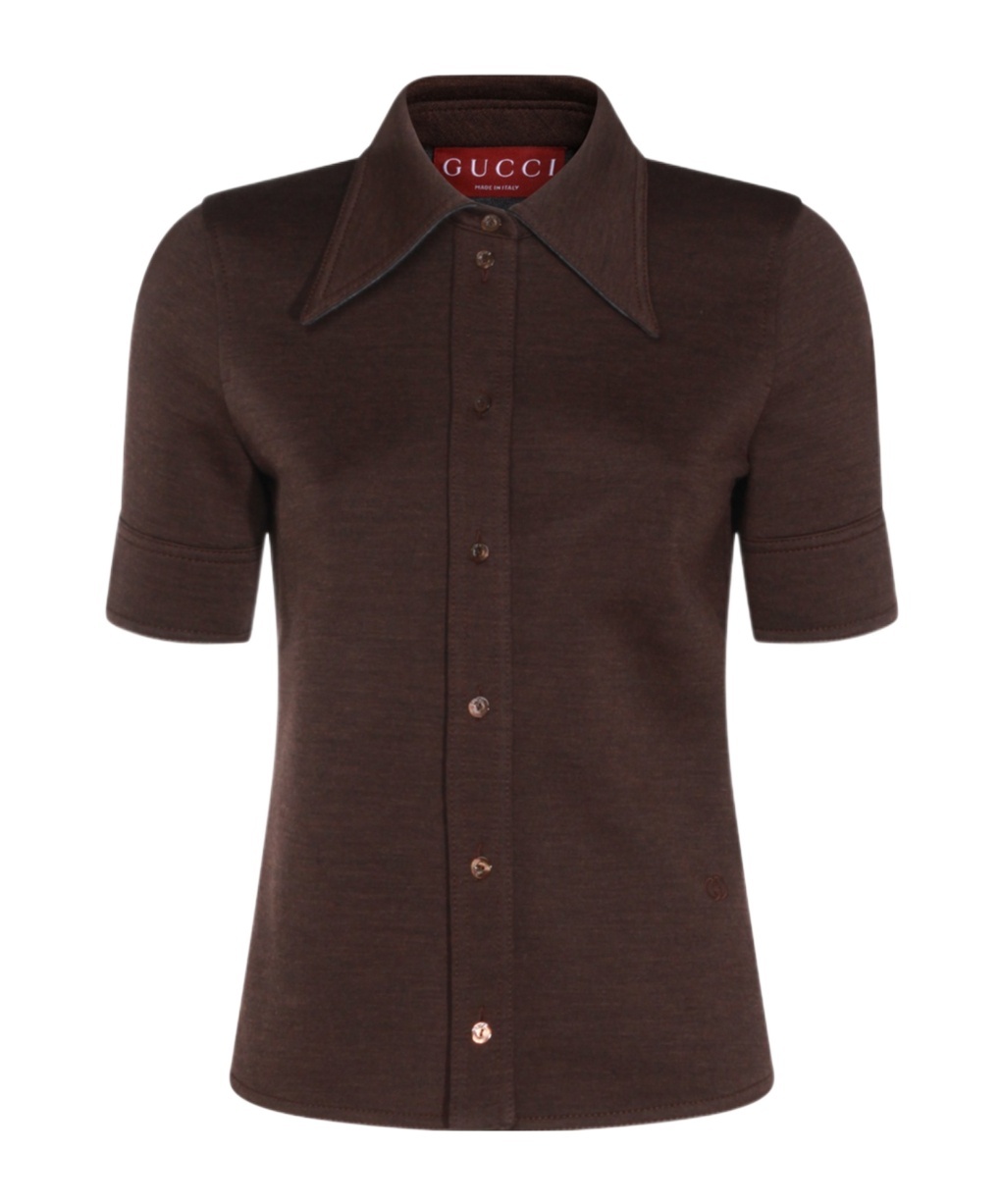 Gucci Women Brown Shirt With Polo Style Pointed Collar In Wool And Cotton Blend Woman In Brown