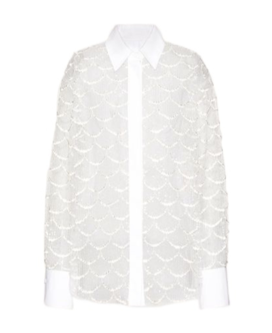 Valentino Tulle Illusione Embroidered Straight Hem Shirt In White