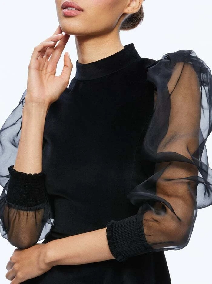 Alice And Olivia Paulette Mock-neck Puff-sleeve Dress In Black