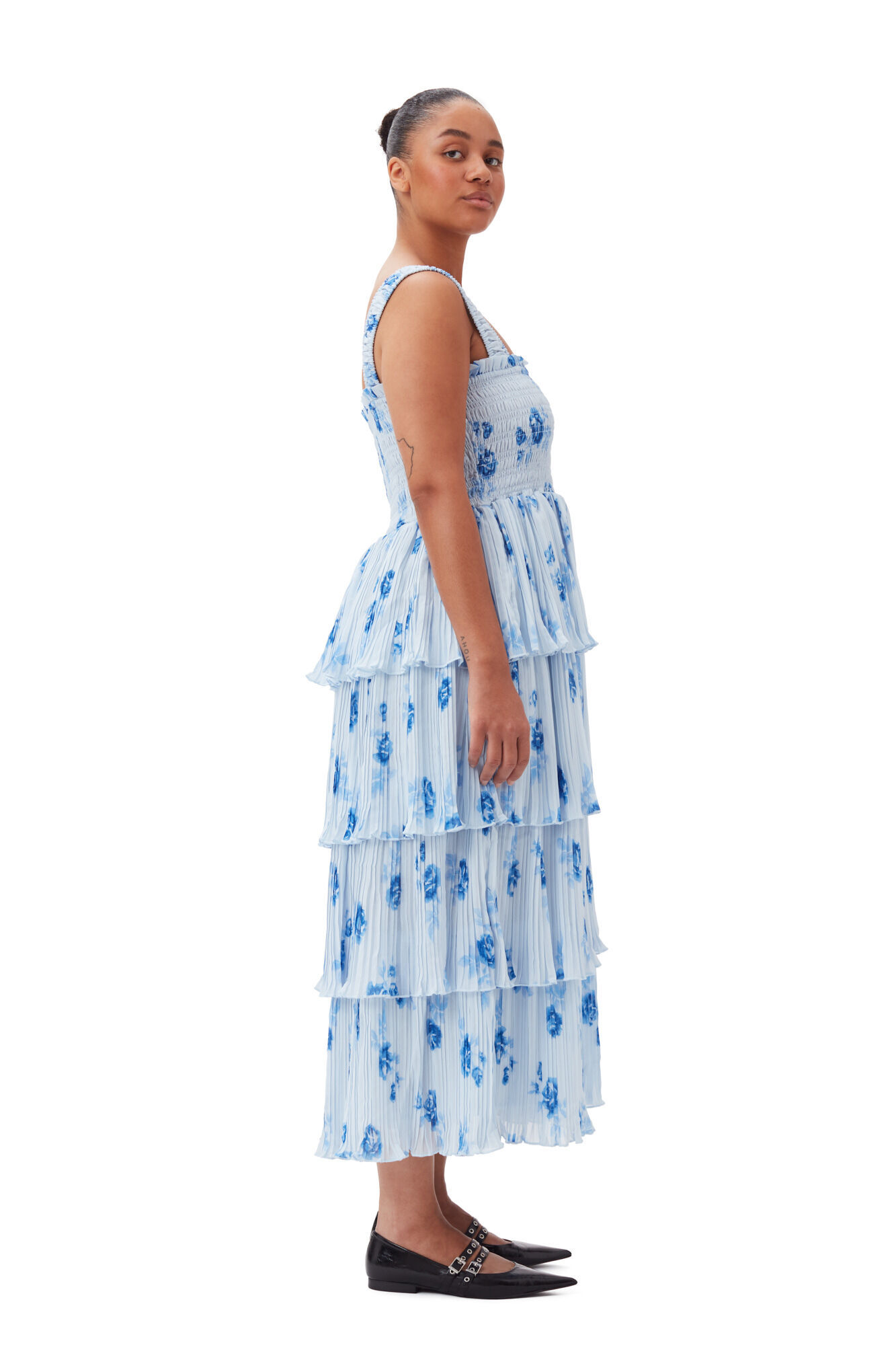 Ganni Ruffled Shirred Pleated Georgette Midi Dress In Blue
