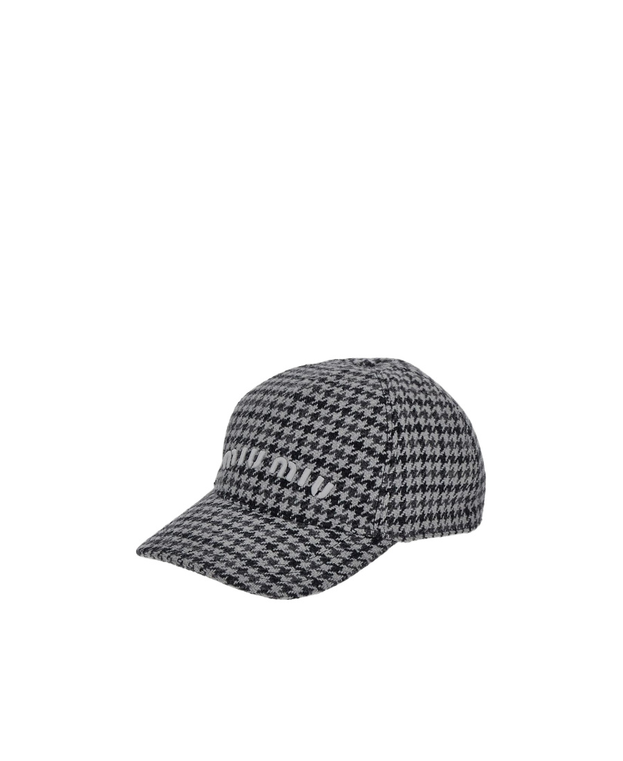 Miu Miu Shetland Logo Houndstooth Cap In Gray