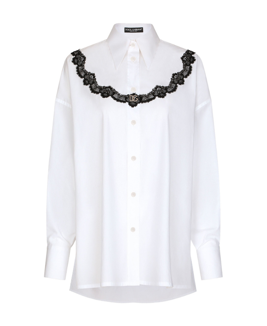 Dolce & Gabbana Dolce&gabbana Oversize Lace Yoke High-low Cotton Blend Button-up Shirt In White