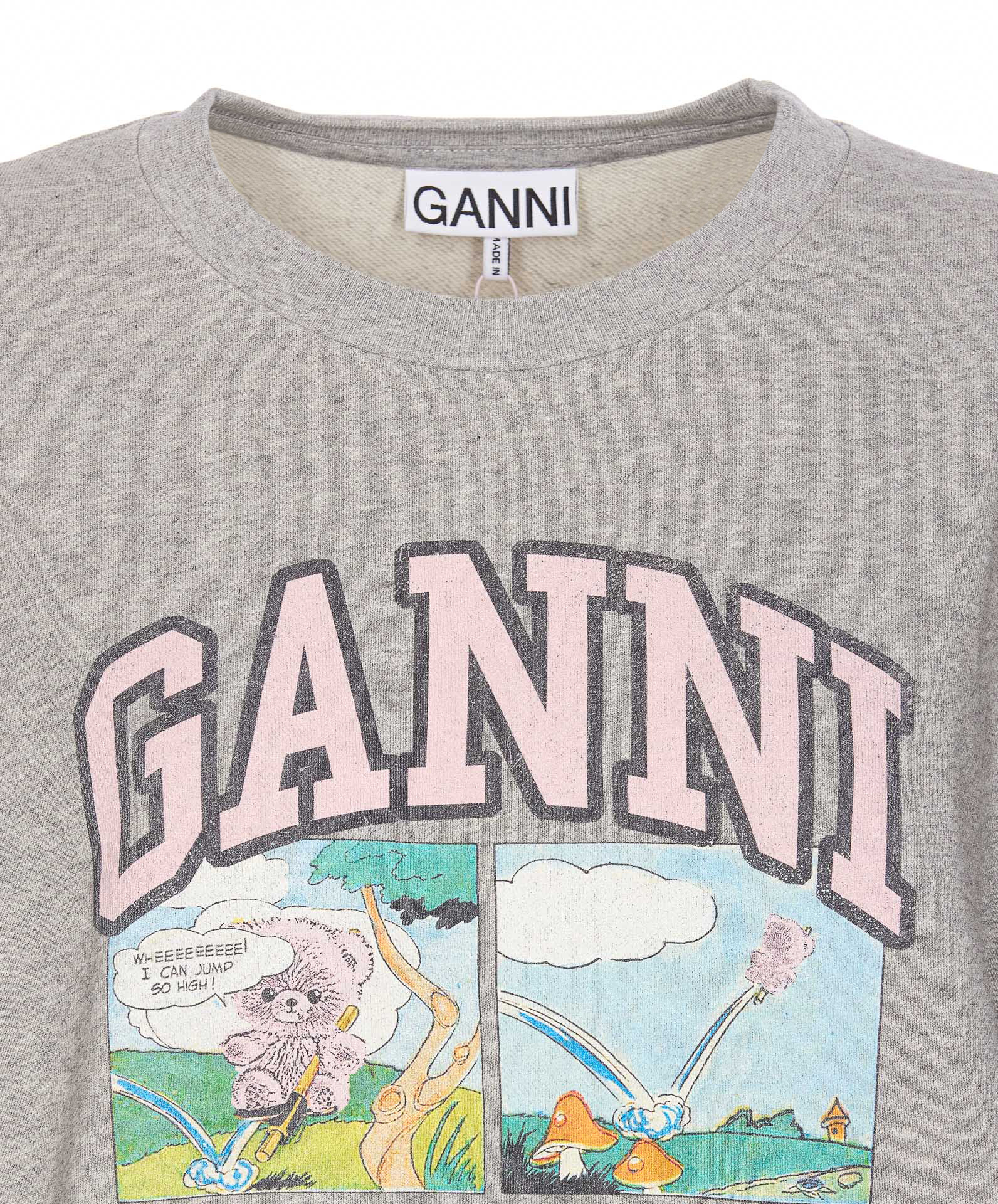 Ganni Oversized Sweatshirt With Playful Graphic Print In Gray