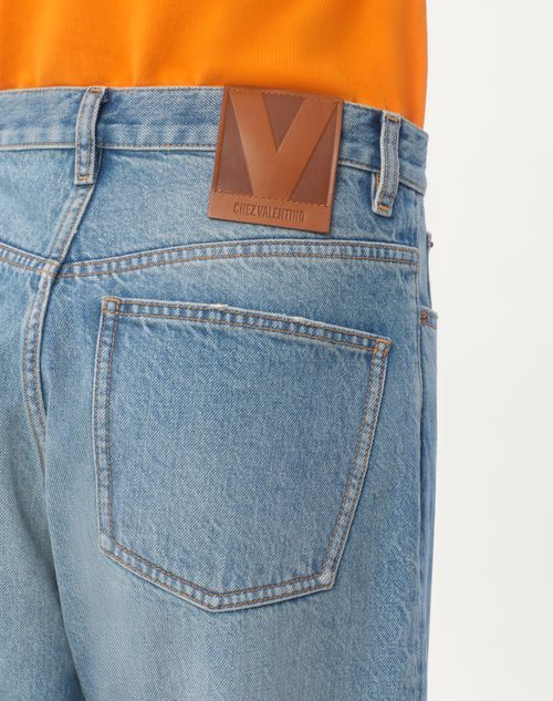 Valentino Cotton Denim Pants With Jacquard Bottoms In Blue