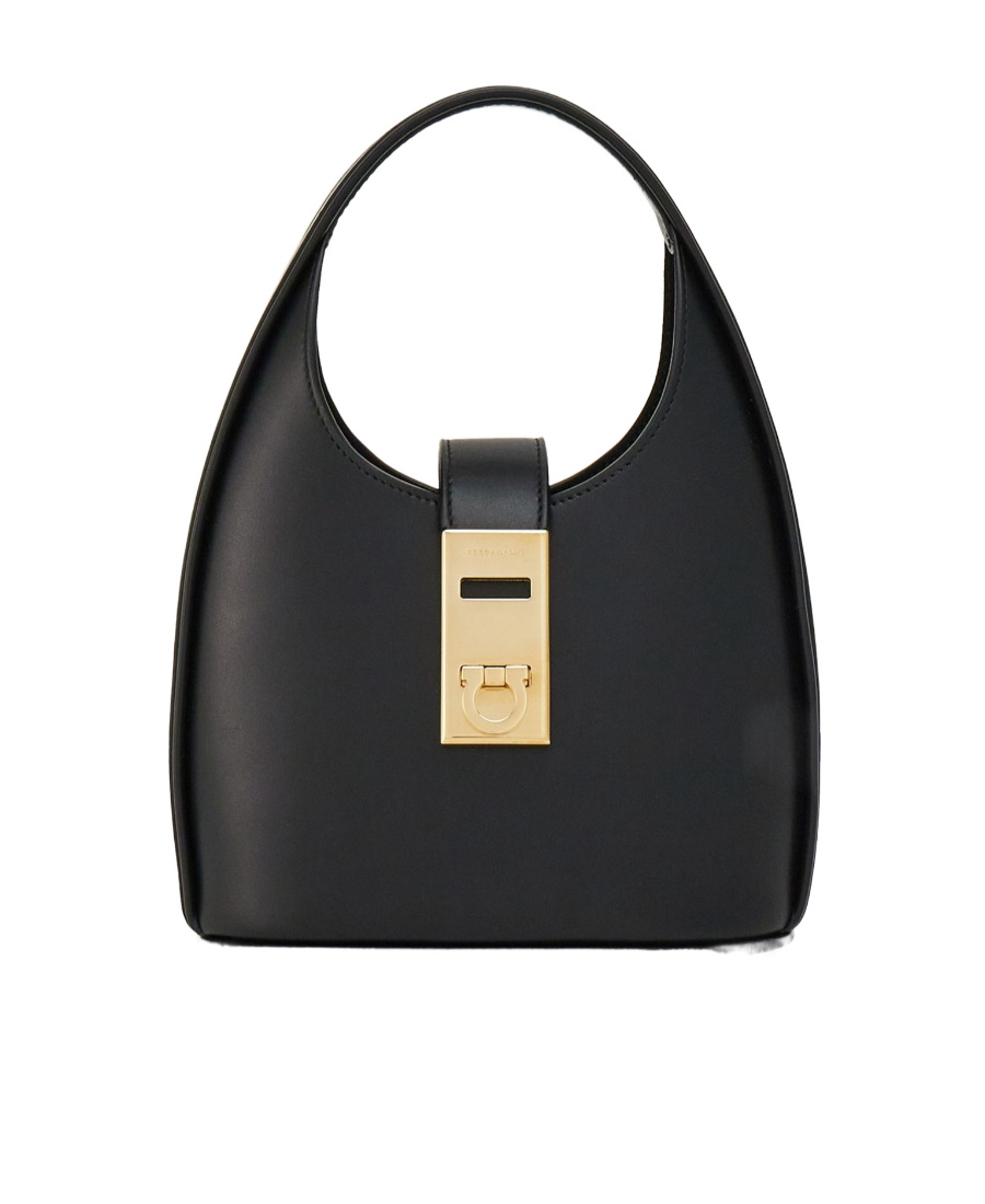 Ferragamo Salvatore Gancini-buckle Logo-engraved Mini Hobo Bag In Black