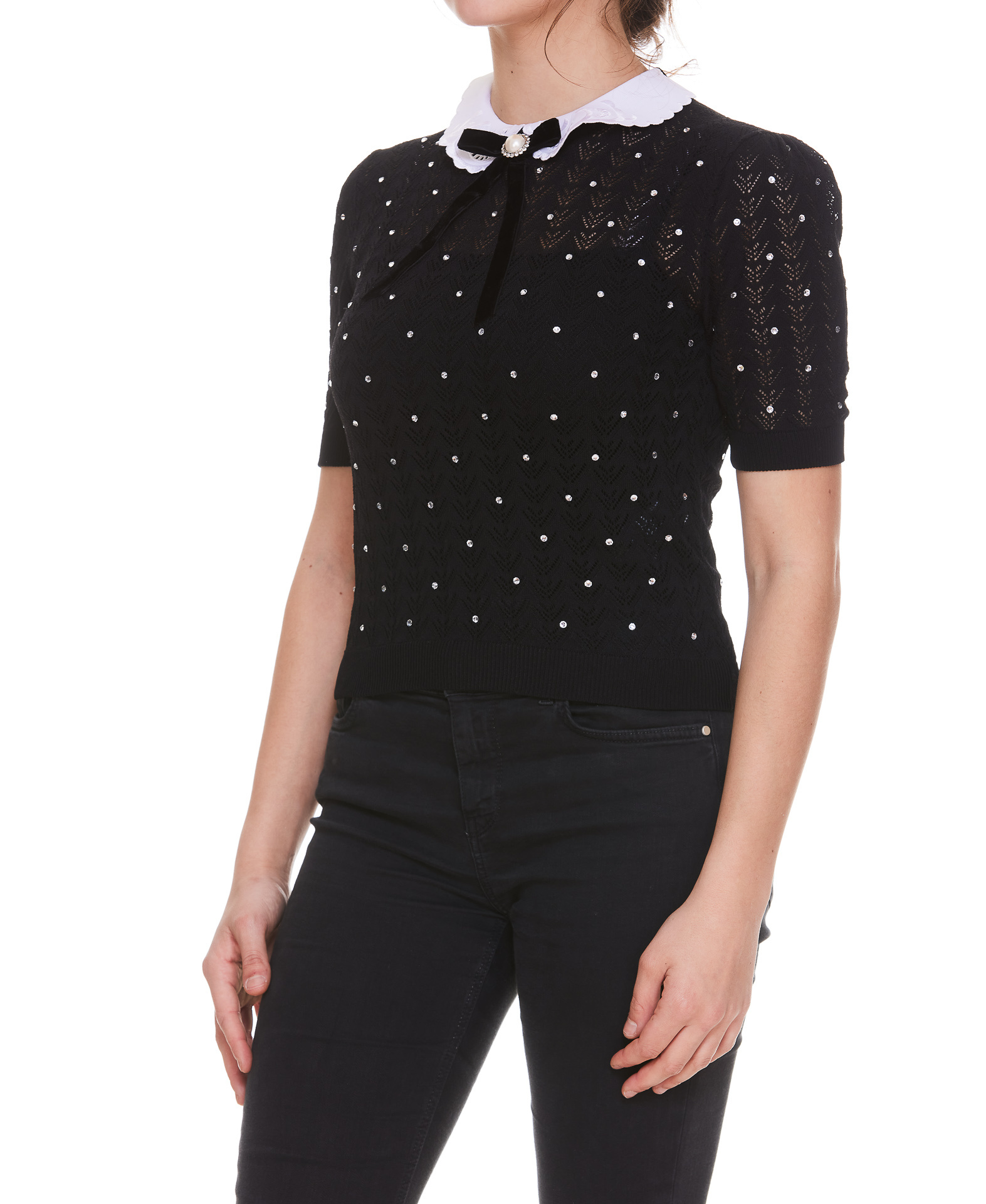 Alessandra Rich Contrast-collar Crystal-embellished Knitted Top In Black