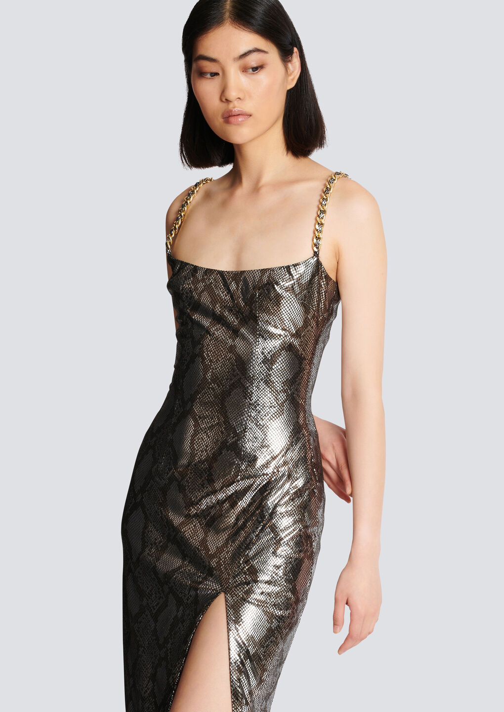 Balmain Shiny Python Gown With Chain Detail In Gray