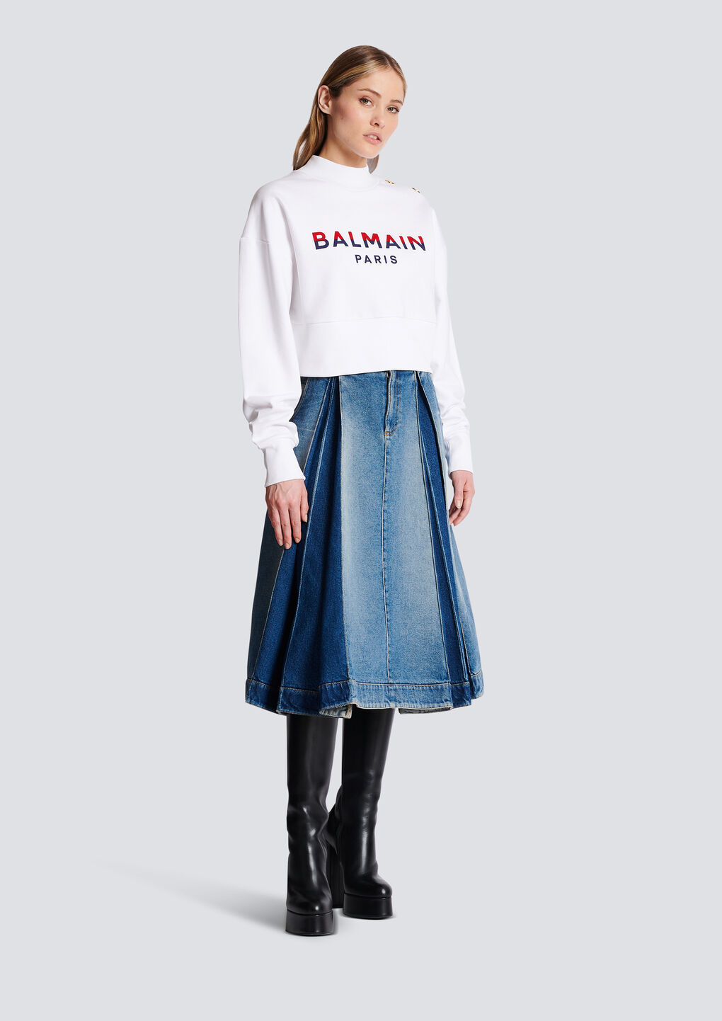 Balmain 3-button Flocked Logo-print Crop Sweatshirt In White