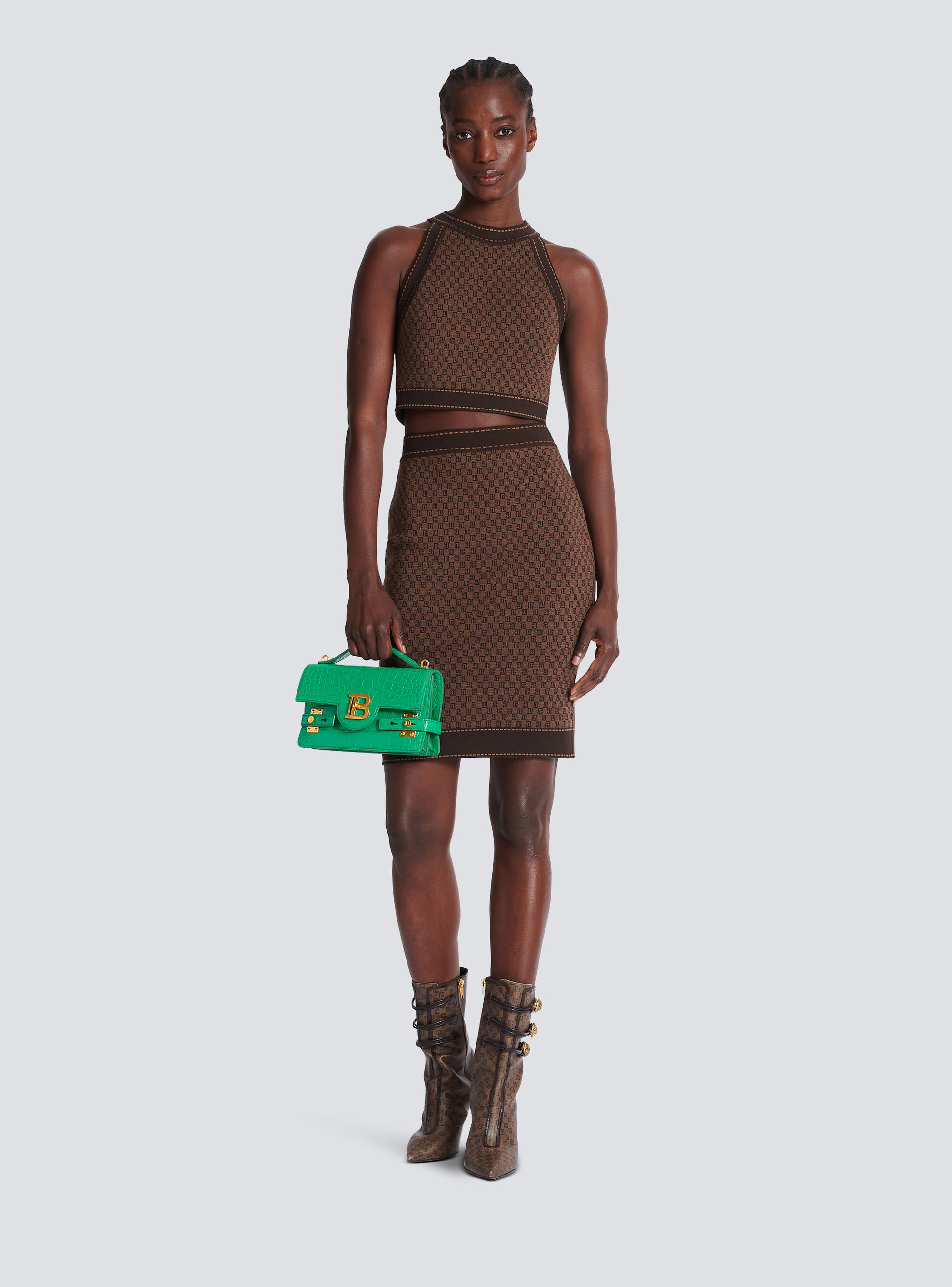 Balmain Mini Monogram Jaquard Crop Top In Brown