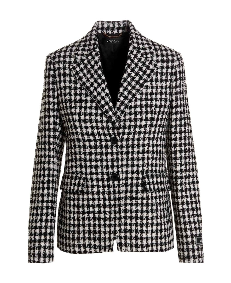 Versace Dogtooth Single-breasted Tweed Blazer In Black
