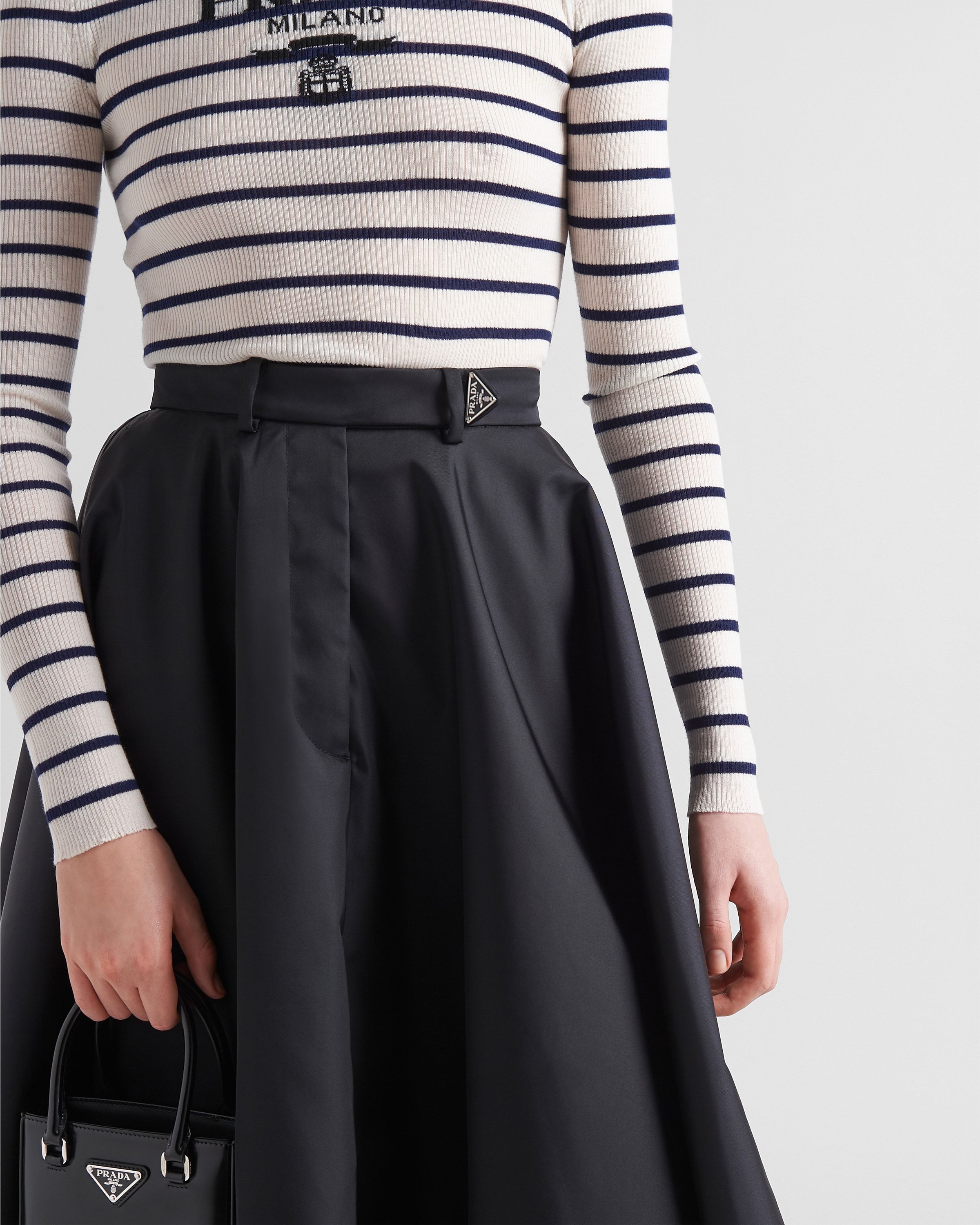 Prada Belted Nylon Gabardine A-line Midi Skirt In Black
