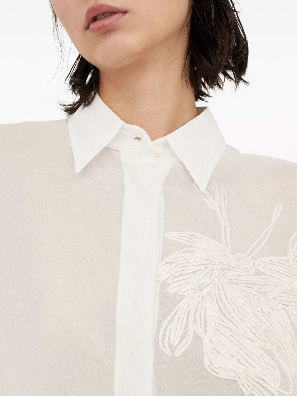Brunello Cucinelli Elegant White Cotton Knit Shirt With Dazzling Magnolia Embroidery For Women In White