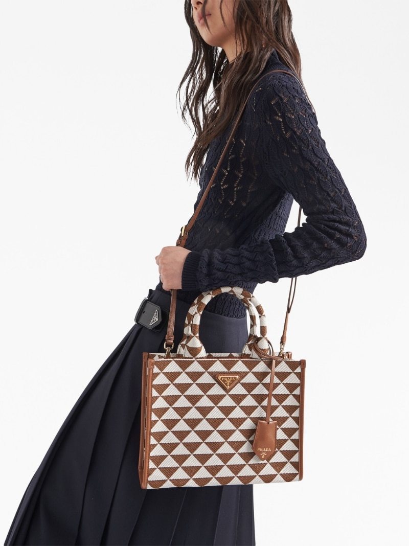 Prada Small Symbole Embroidered Fabric Handbag In Brown