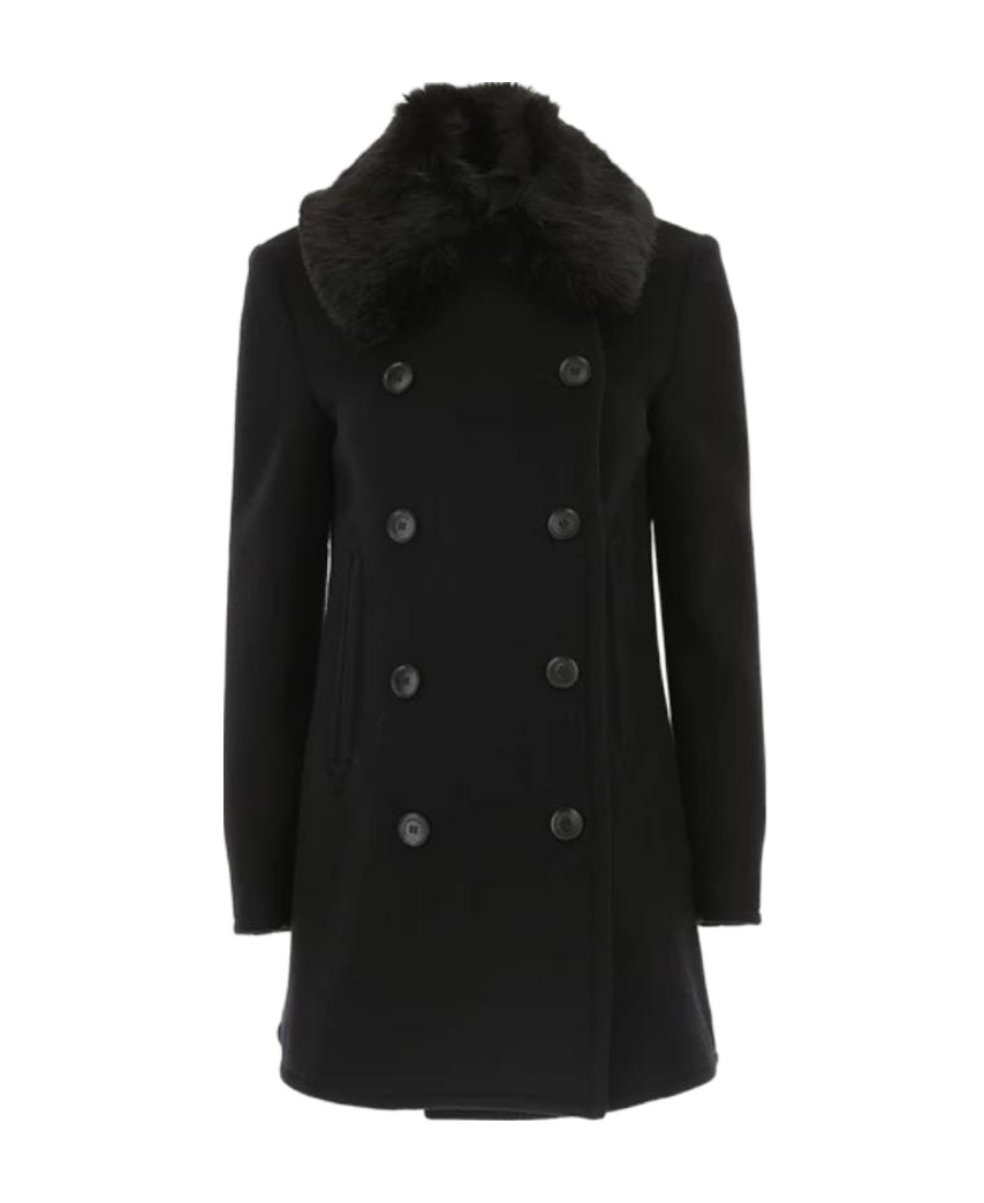 Emporio Armani Long-sleeved Fur Collar Coat In Black