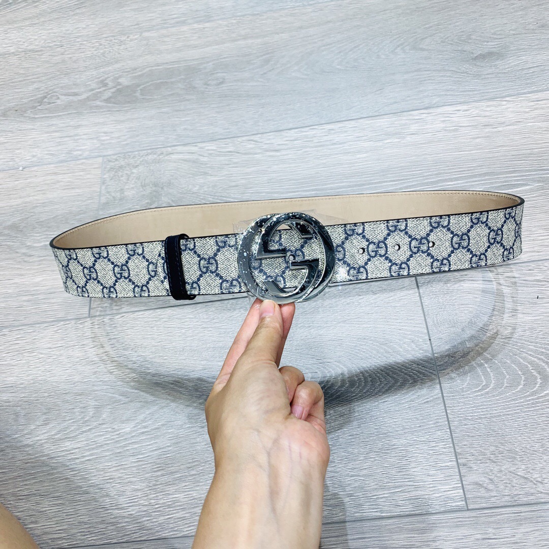 Gucci Gg Supreme Fabric Belt With Gg Buckle Men In Gray