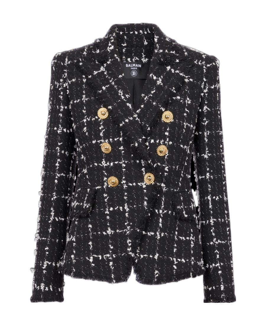 Balmain Grid Tweed Double-breasted Blazer In Black