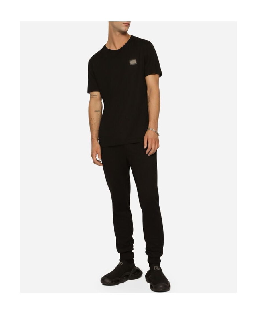 Dolce & Gabbana Cotton T-shirt With Metal Plaque Featuring Front Logo In Black
