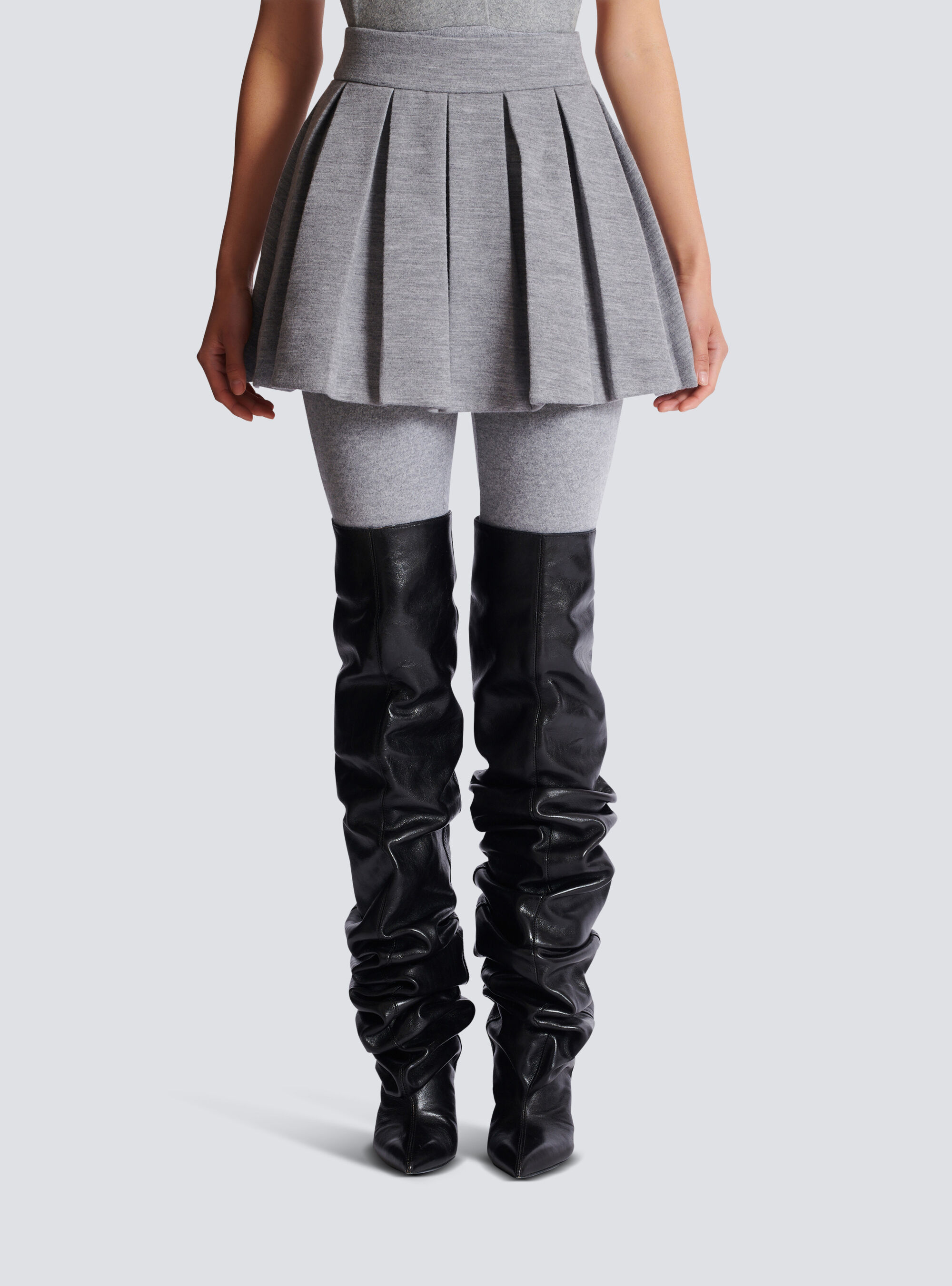 Balmain Short Pleated Cotton Knit Skirt In Gray