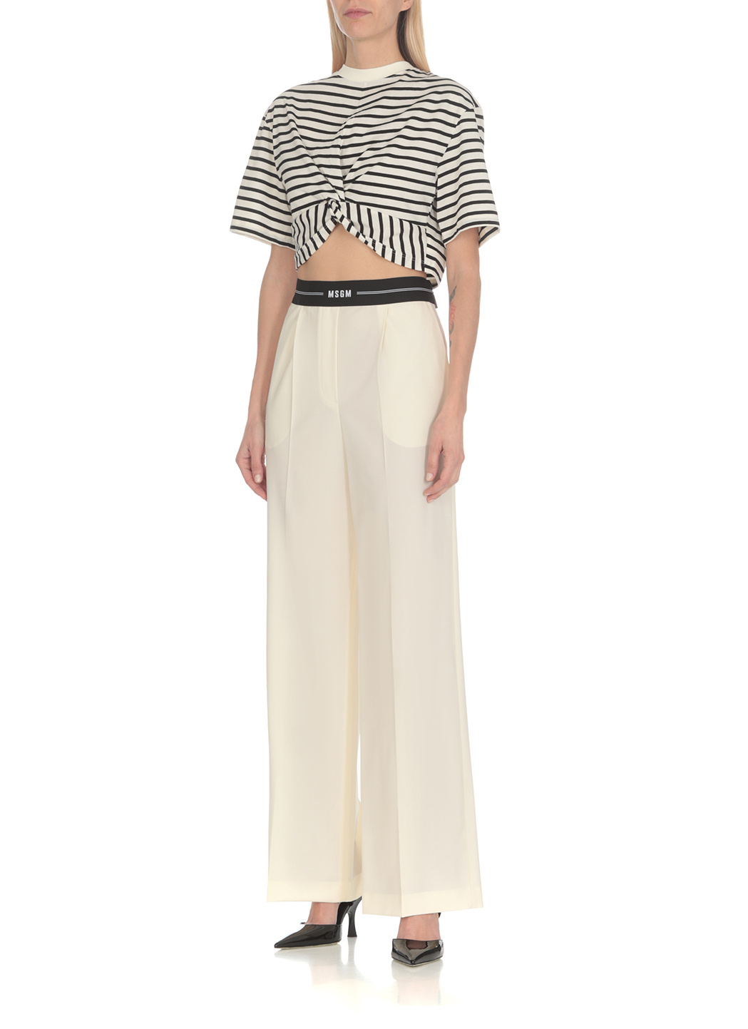 Msgm Logo-waistband Wide-leg Trousers In White