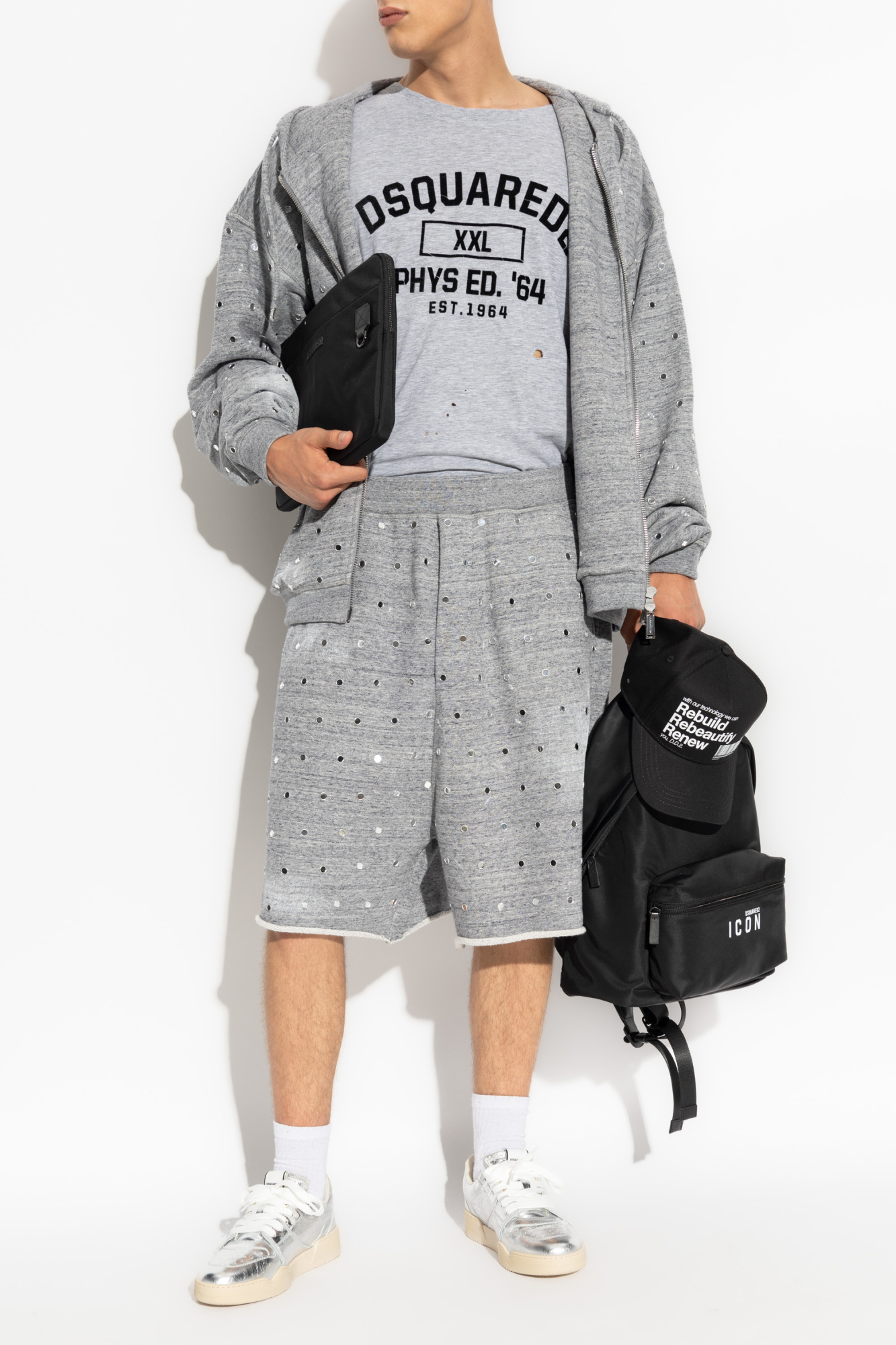 Dsquared2 Eyelet-embellished Mélange-effect Track Shorts In Gray