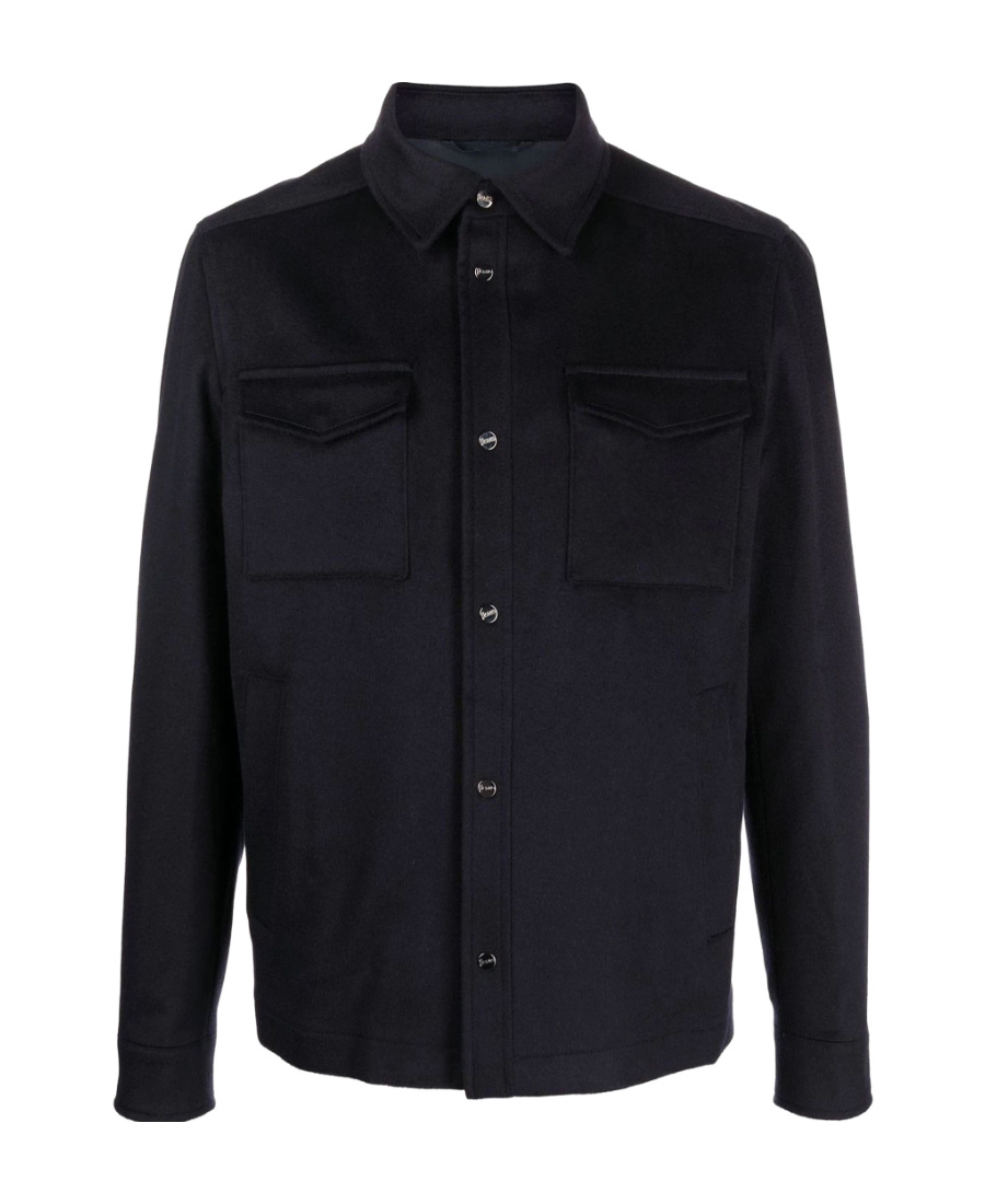 Herno Snap Front Chest Flap Pocket Brushed Wool Cashmere Blend Lined Shirt Jacket In Black