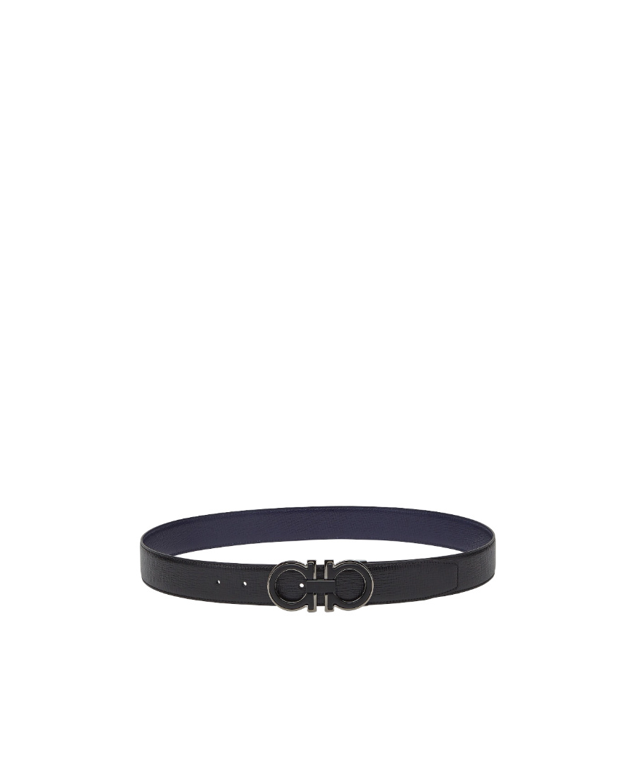 Ferragamo Salvatore Man's Bicolor Leather Belt With Logo Buckle In Black