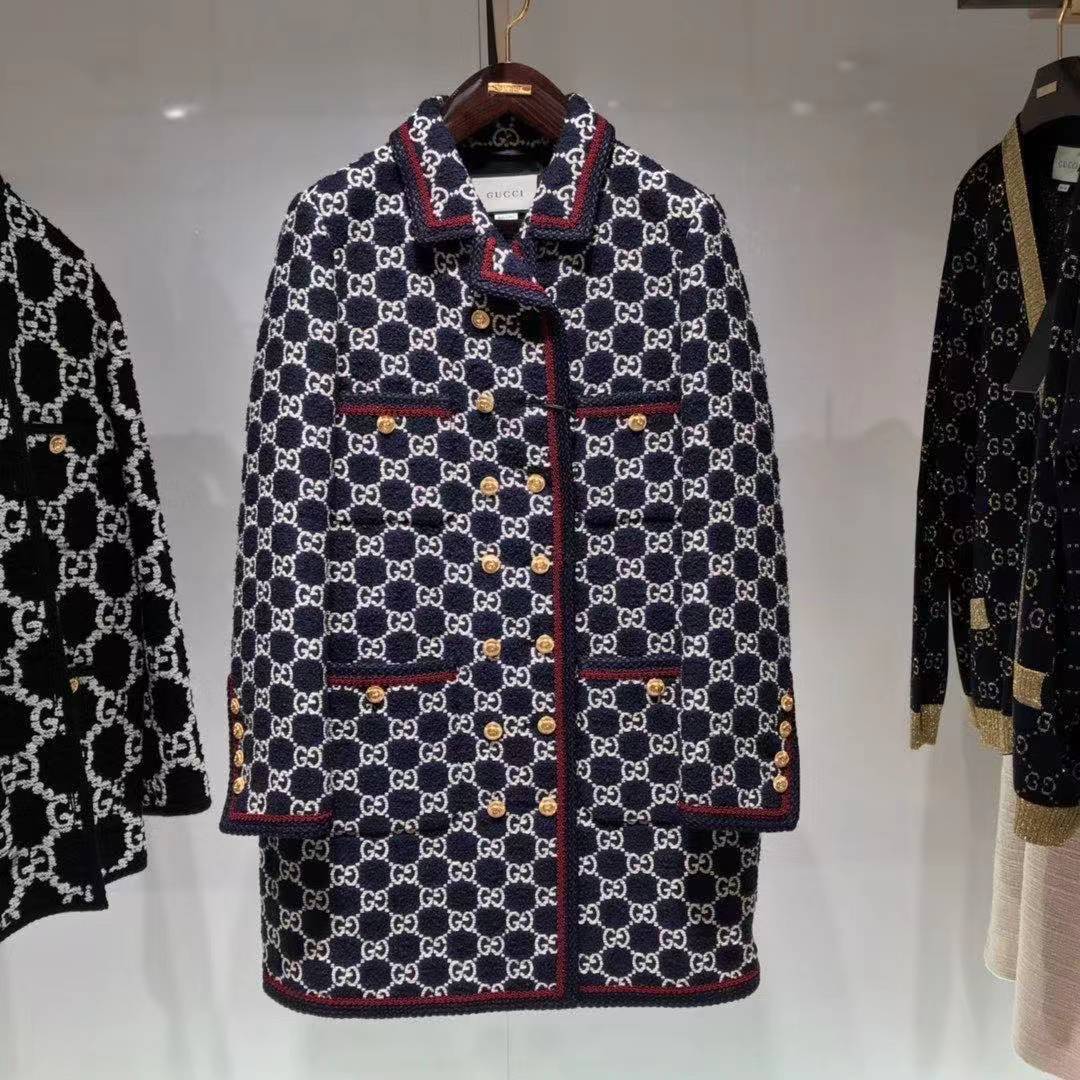 Gucci Gg Pattern Tweed Coat In Black