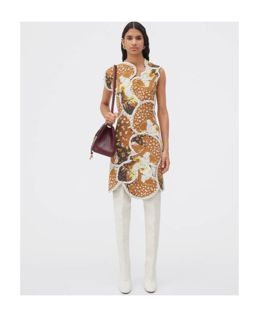 Bottega Veneta Mushroom Patchwork Short-sleeve Dress In Brown