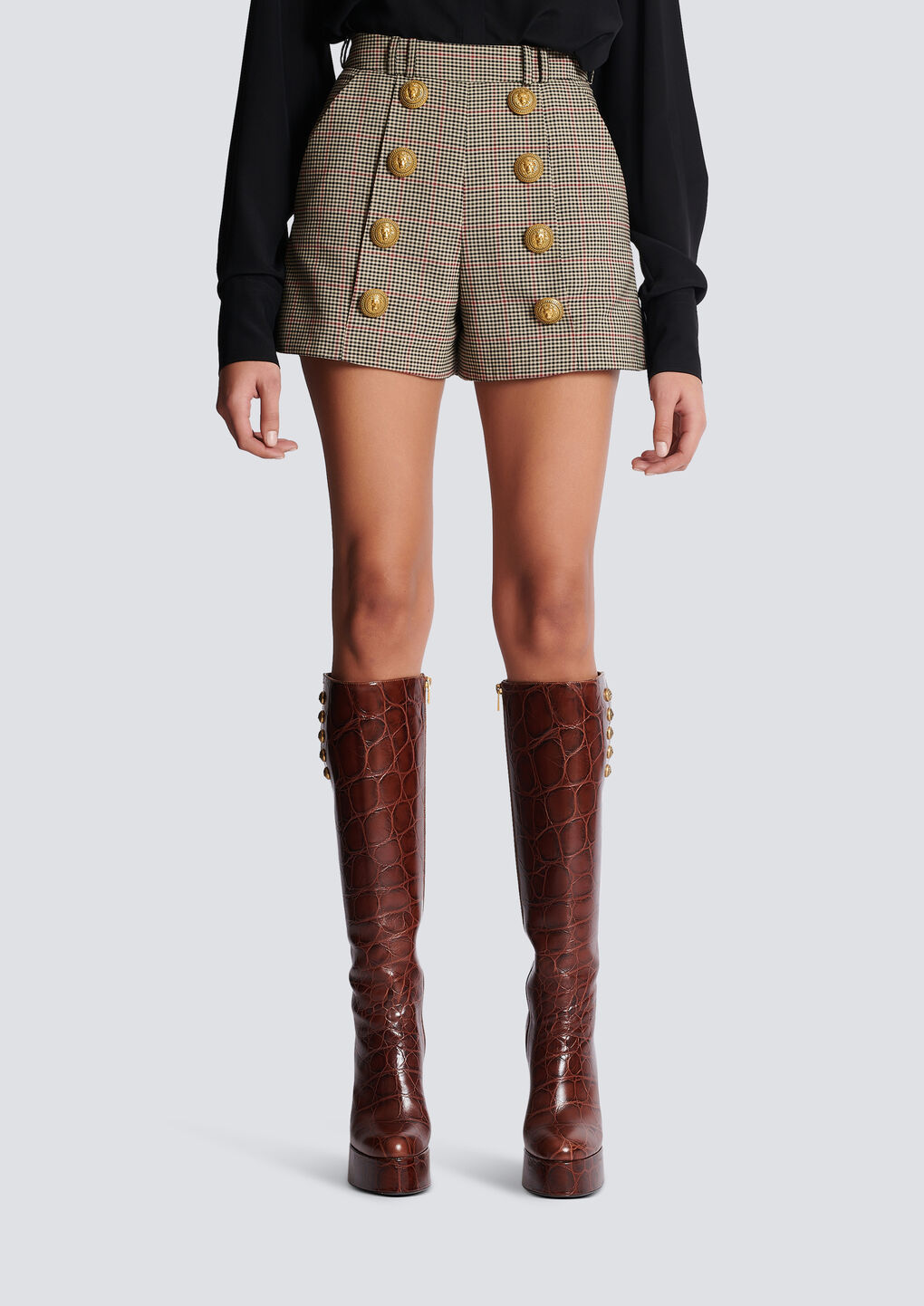 Balmain Checked Wool Blend High Rise Shorts In Gray
