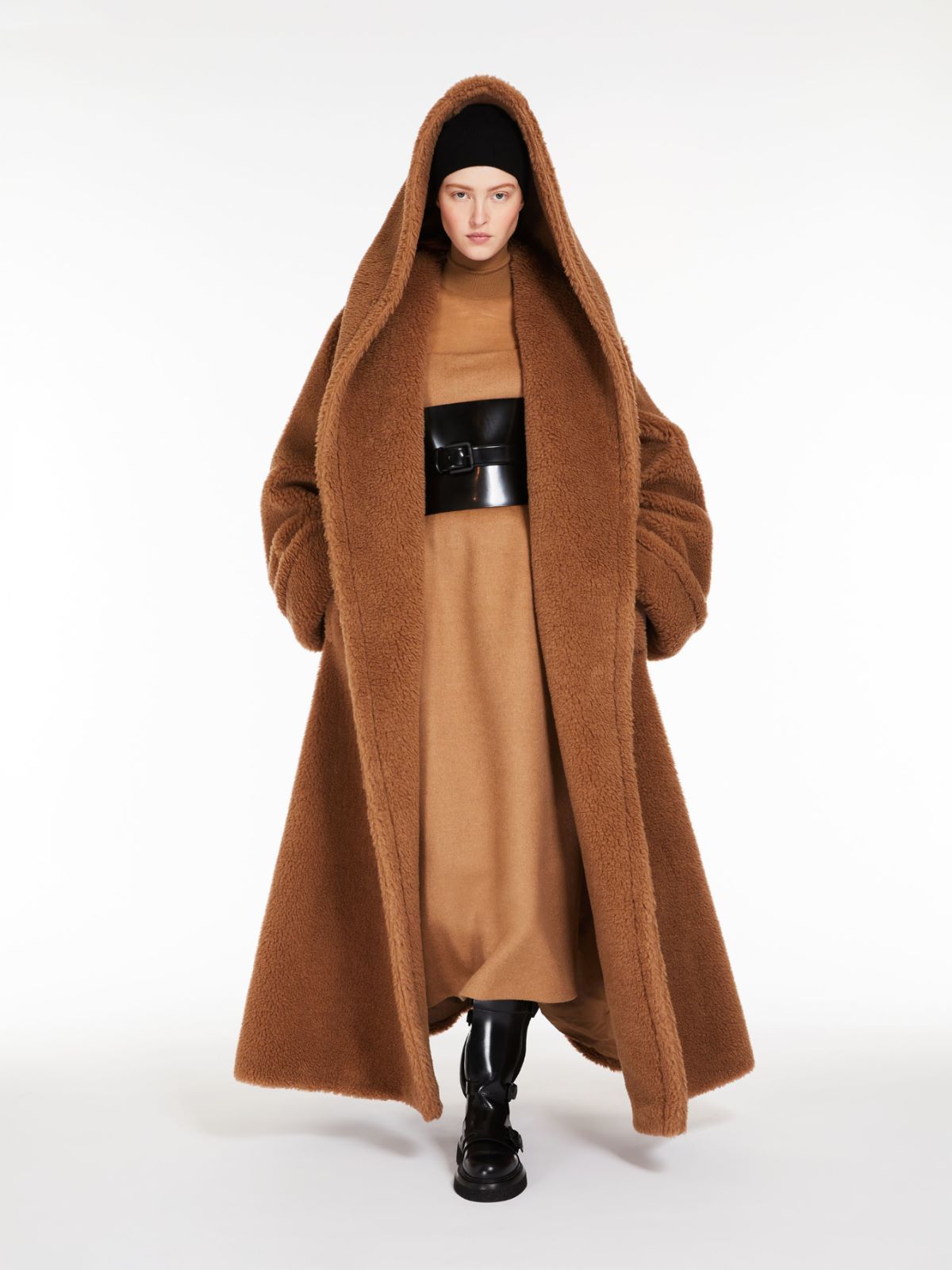 Shop Max Mara Apogeo Fleece Hooded Midi Coat In Brown