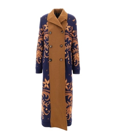 Etro Bi-material Double-breasted Long Coat In Brown