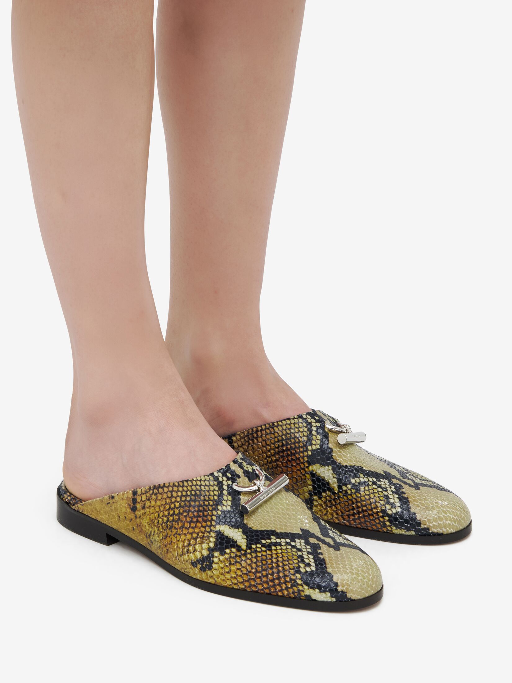 Alexander Mcqueen Leather Snake Print T-bar Mules In Multi