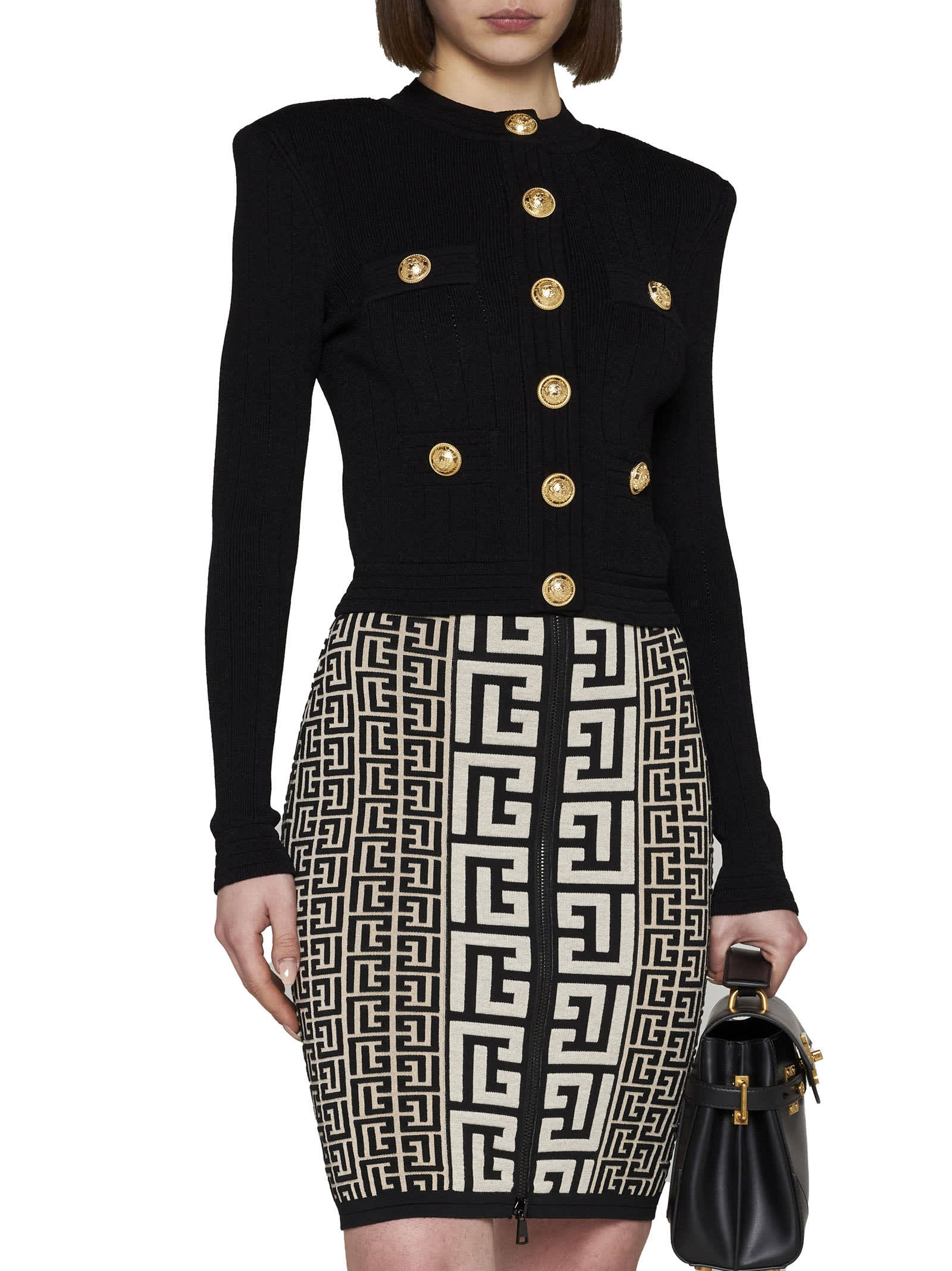 Balmain Pencil Skirt In Monogram Knit In Black