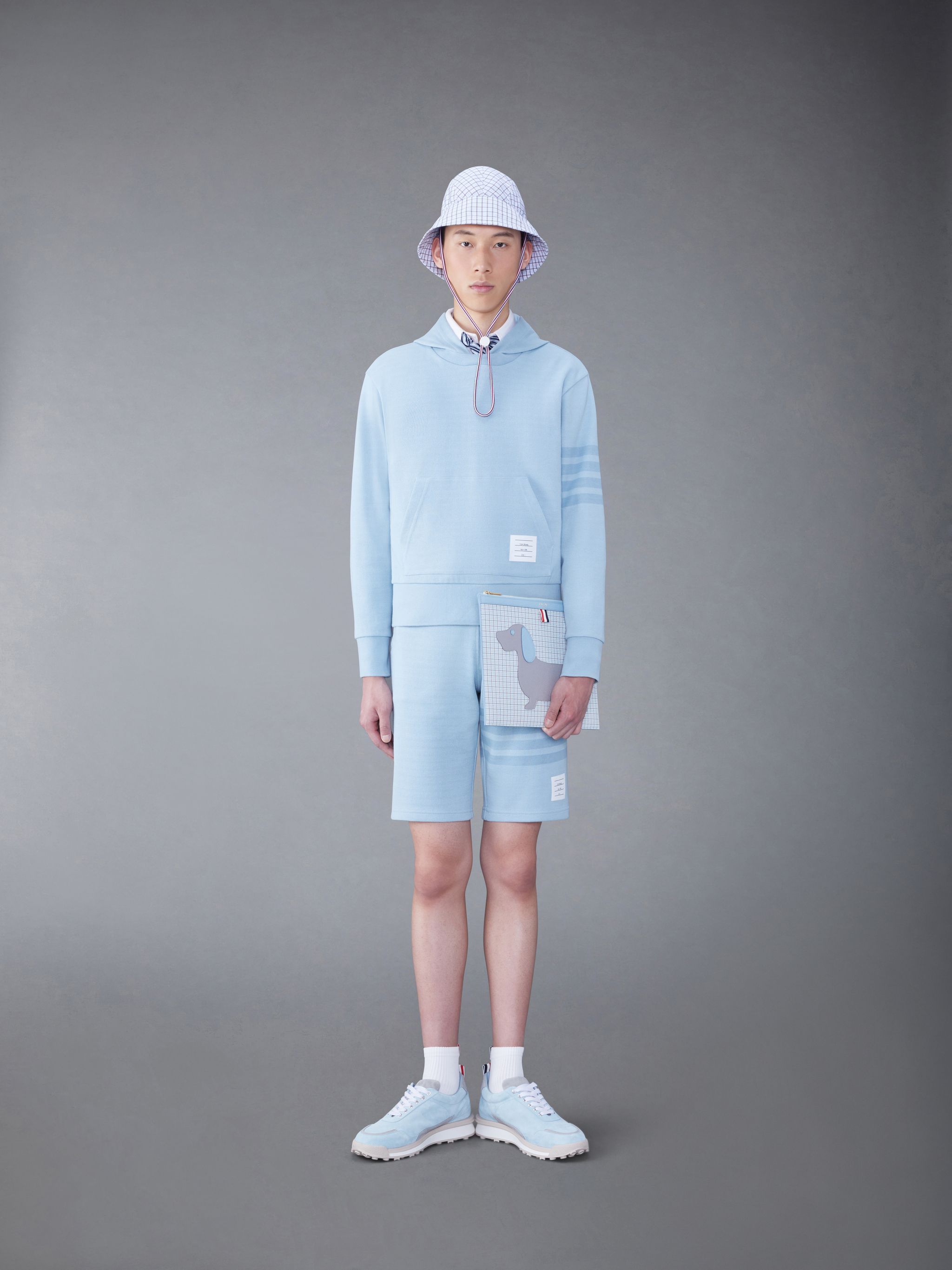 Thom Browne 4 Bar Double Face Knit Hoodie Light Blue In Blue