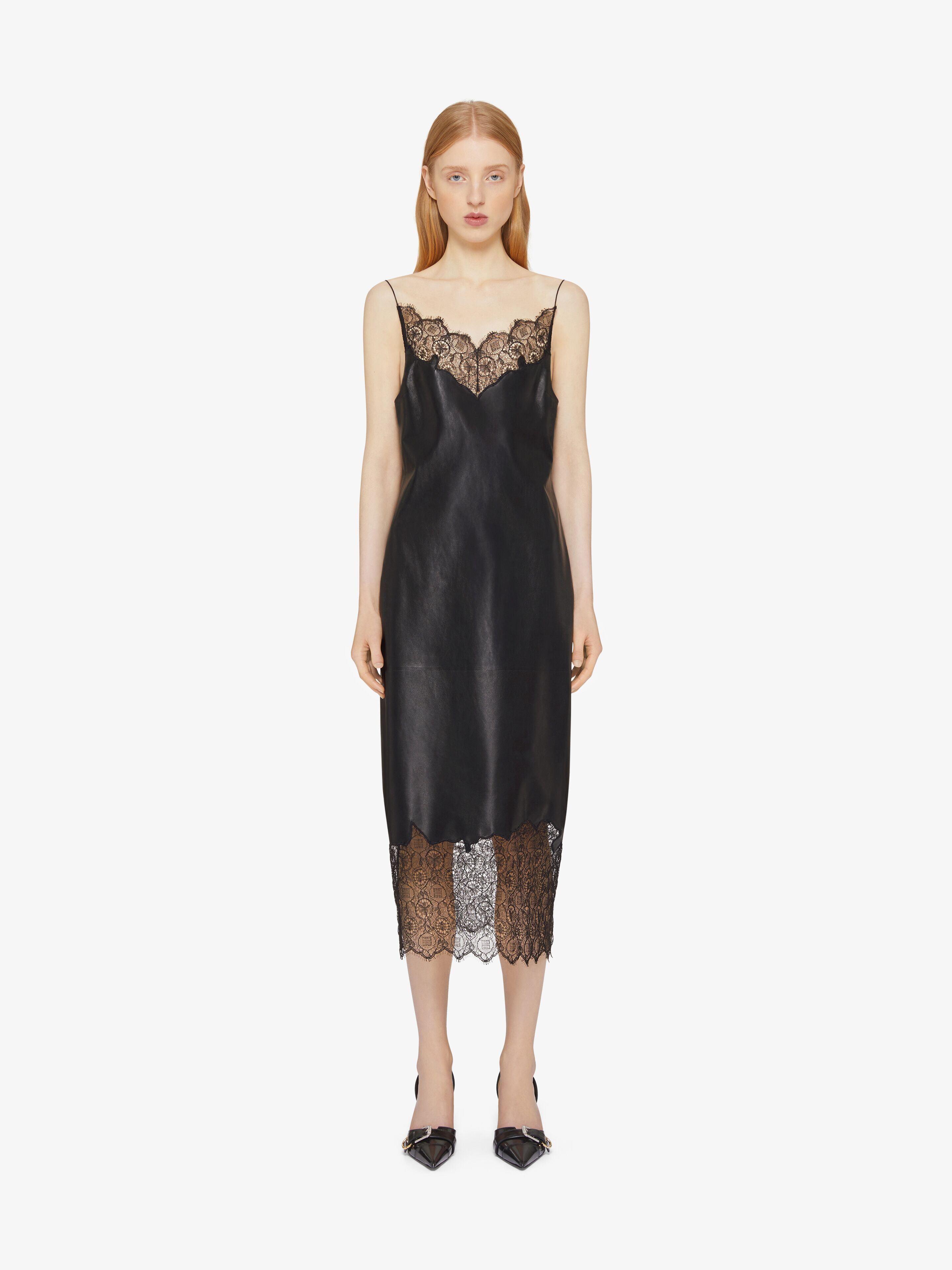 Givenchy Black Lace Trim Leather Midi Dress In Black