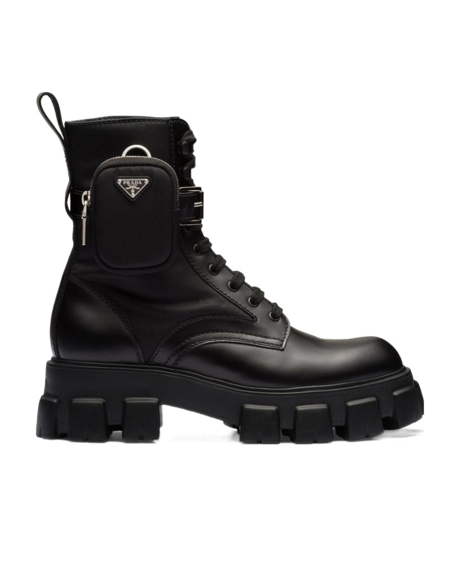 Prada Monolith Brushed Leather And Nylon Boots In Black