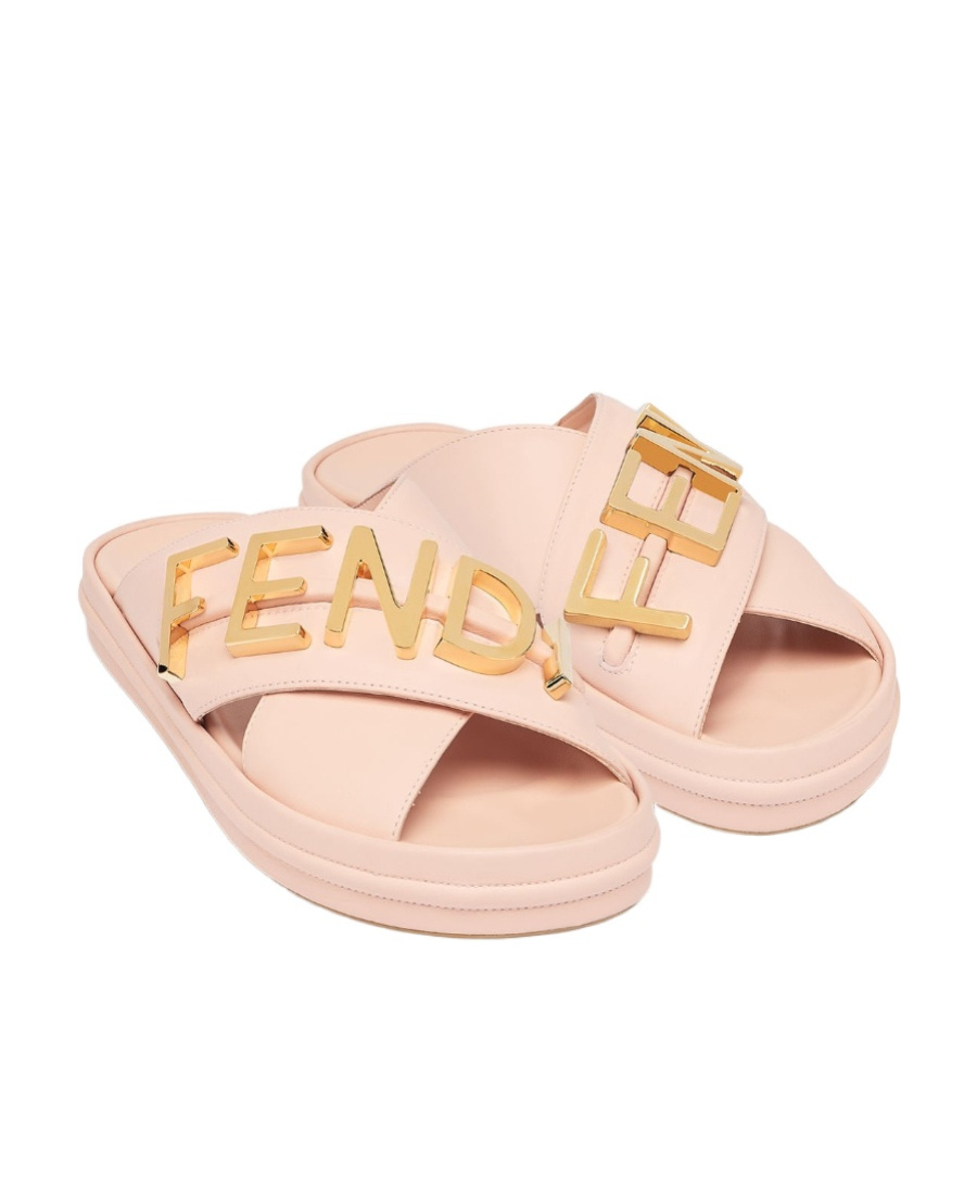 Fendi Lettering Logo Flat Slides In Pink