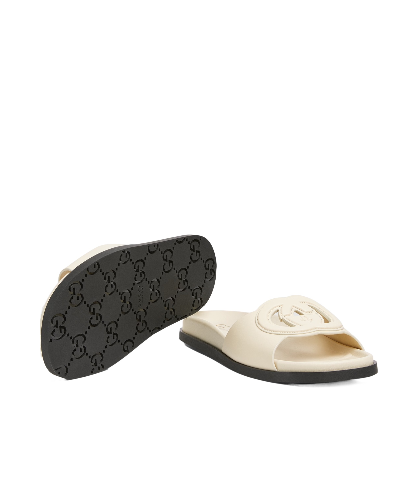 Gucci Womens  Branded Slip-on Leather Sliders In Ivory